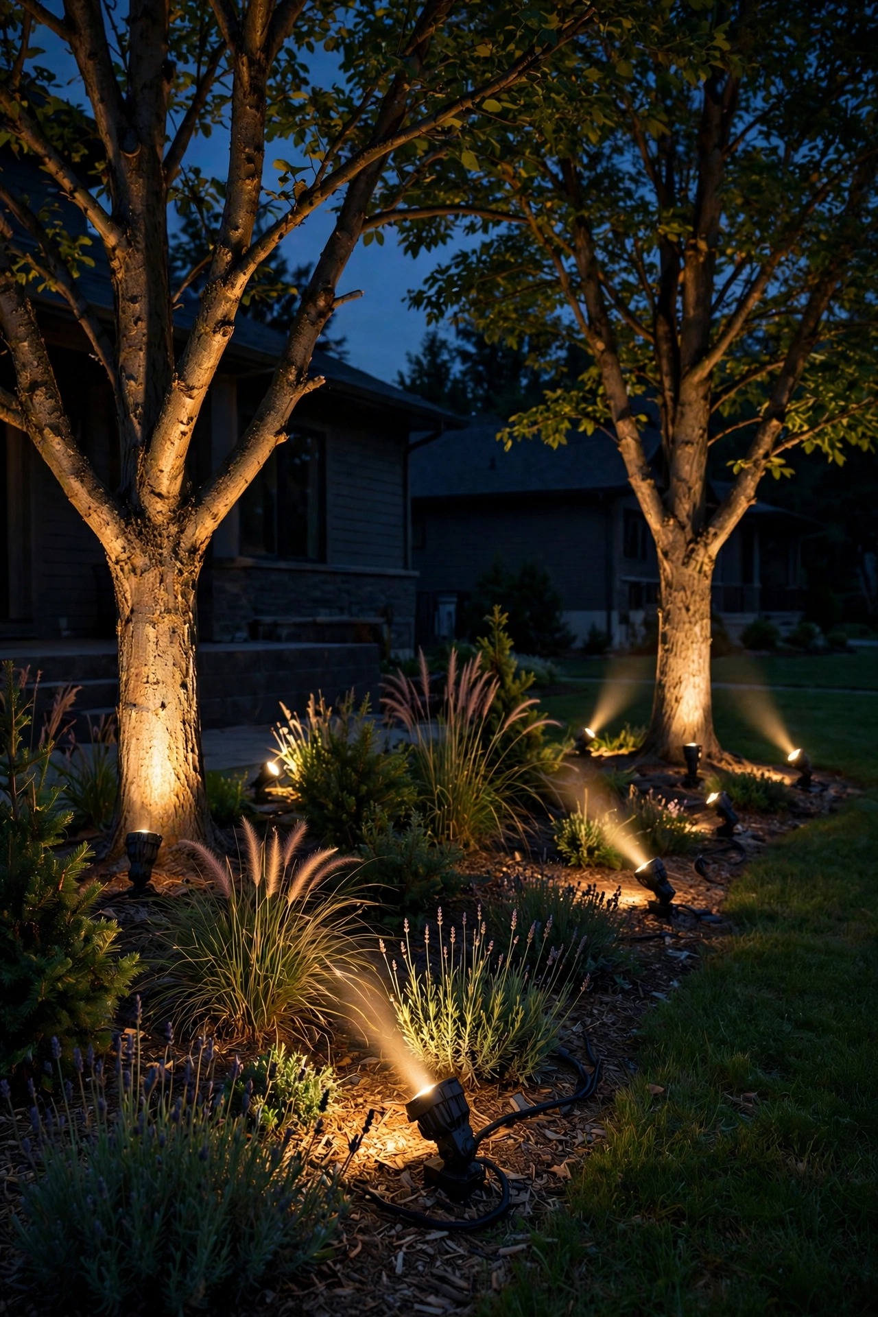 Photorealistic night view of a front yard with temporary demo uplights placed at the base of two trees and along a garden bed, warm beams testing different angles against a dark blue evening sky