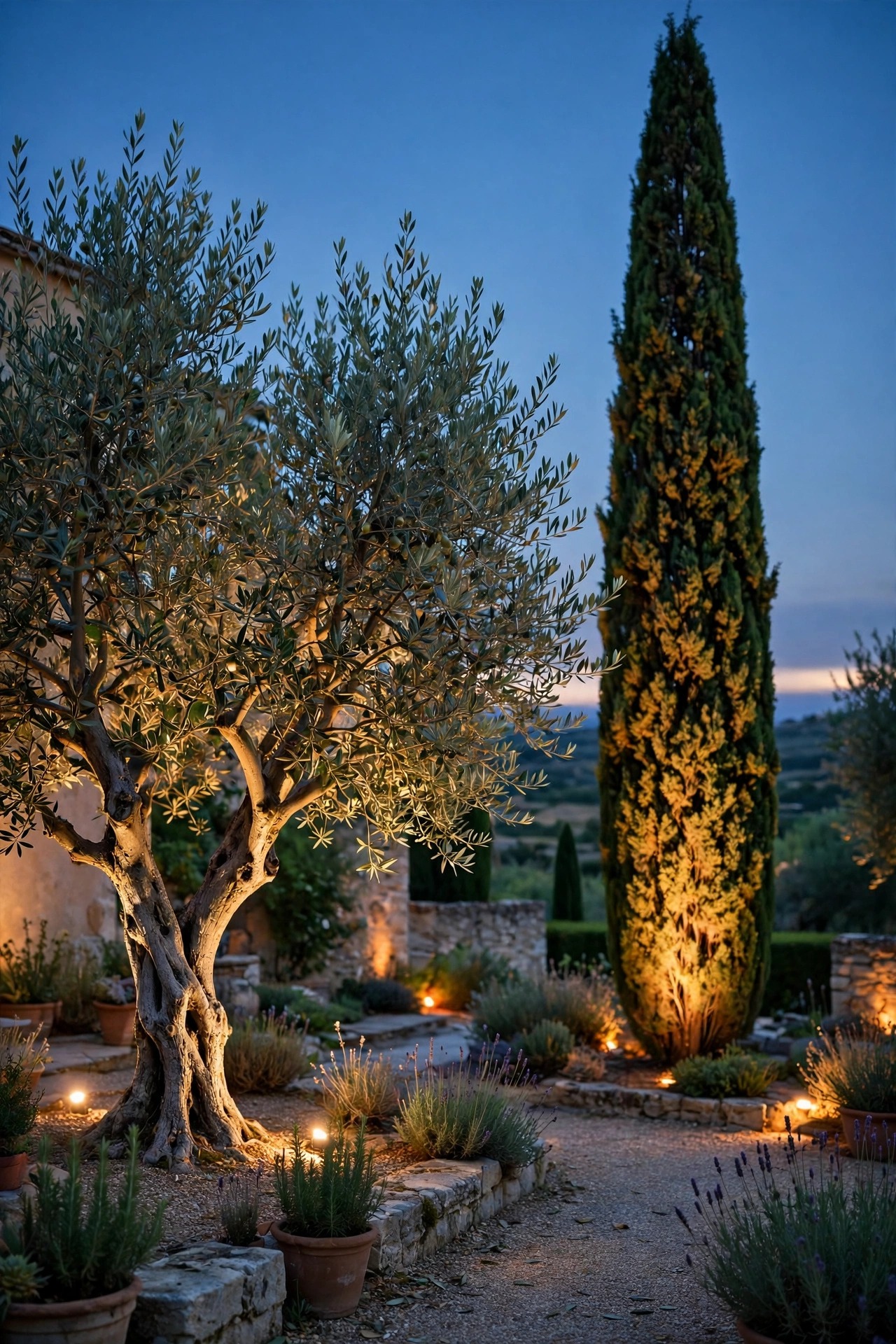 Olive tree and tall cypress spire uplighted with warm light in a Mediterranean garden at dusk