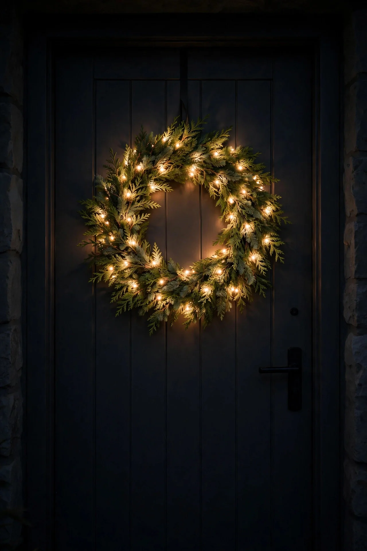 Single glowing pre-lit cedar wreath centered on a dark front door at night