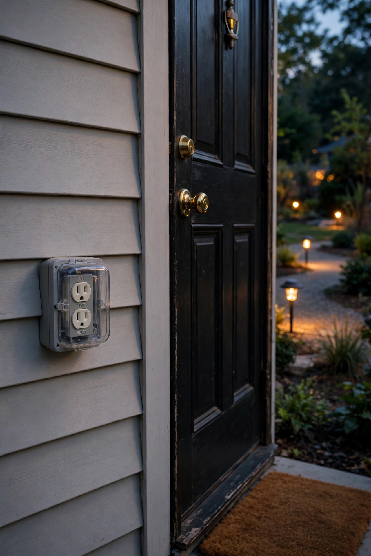 Outdoor GFCI outlet mounted beside a front door, warm path lights glowing in the yard beyond at dusk