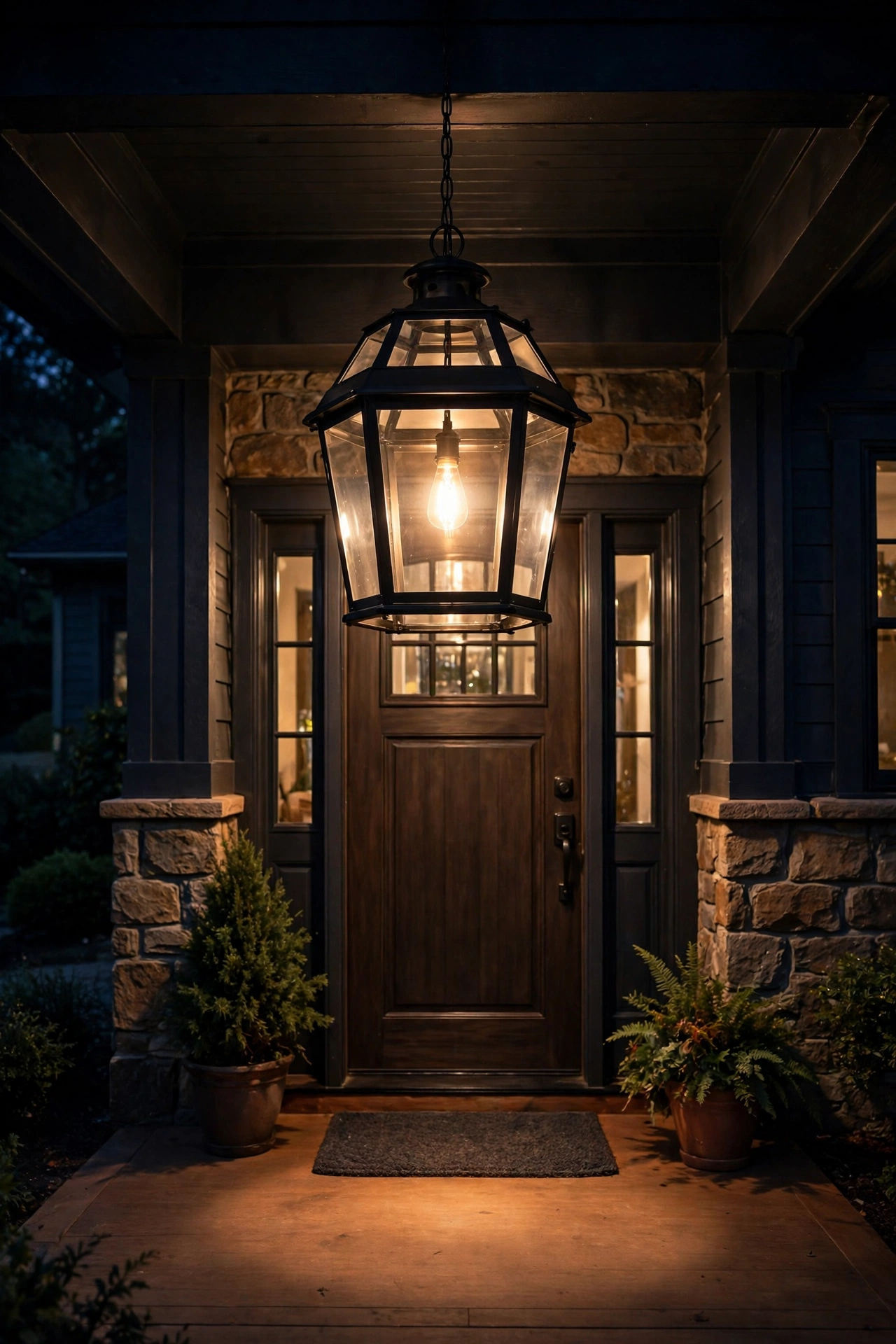 Oversized lantern pendant glowing in a covered front entry alcove at night