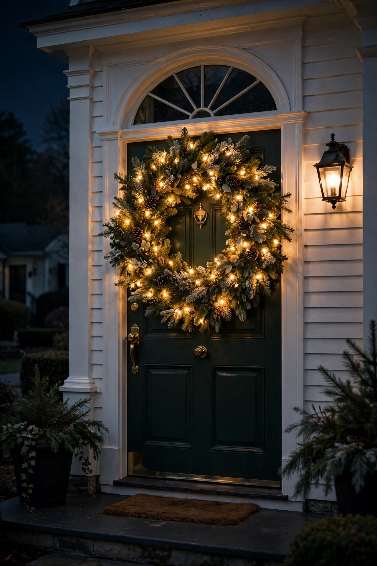 Oversized 48-inch pre-lit wreath with warm lights on a dark green front door at night