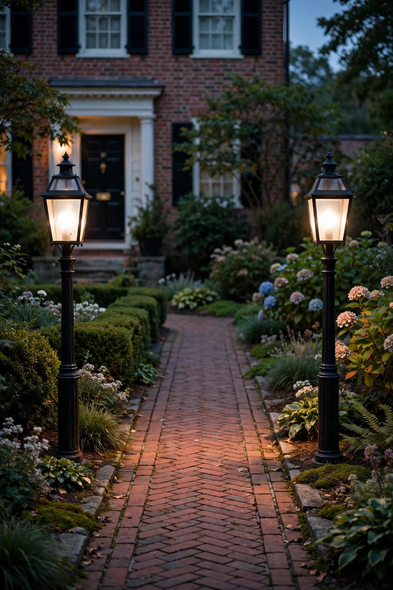 Two matching black lantern posts flanking a brick front walk at dusk, glowing warm white in a colonial style garden