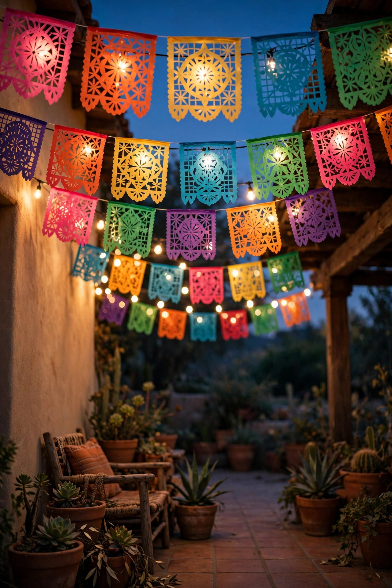 Colorful papel picado banners glowing from warm white string lights behind them on a patio at dusk