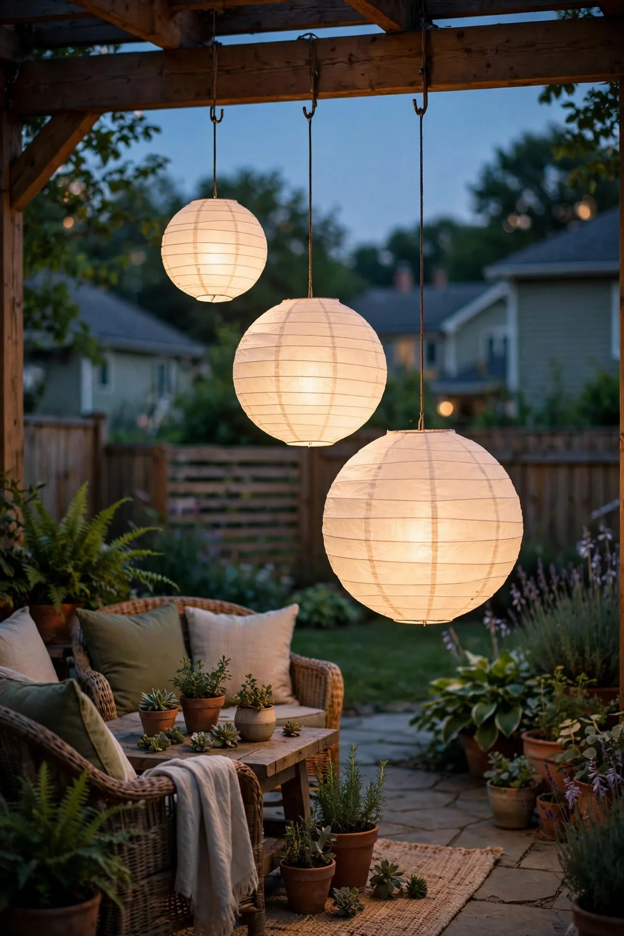 Cluster of glowing paper lanterns in graduated sizes hanging over a summer patio