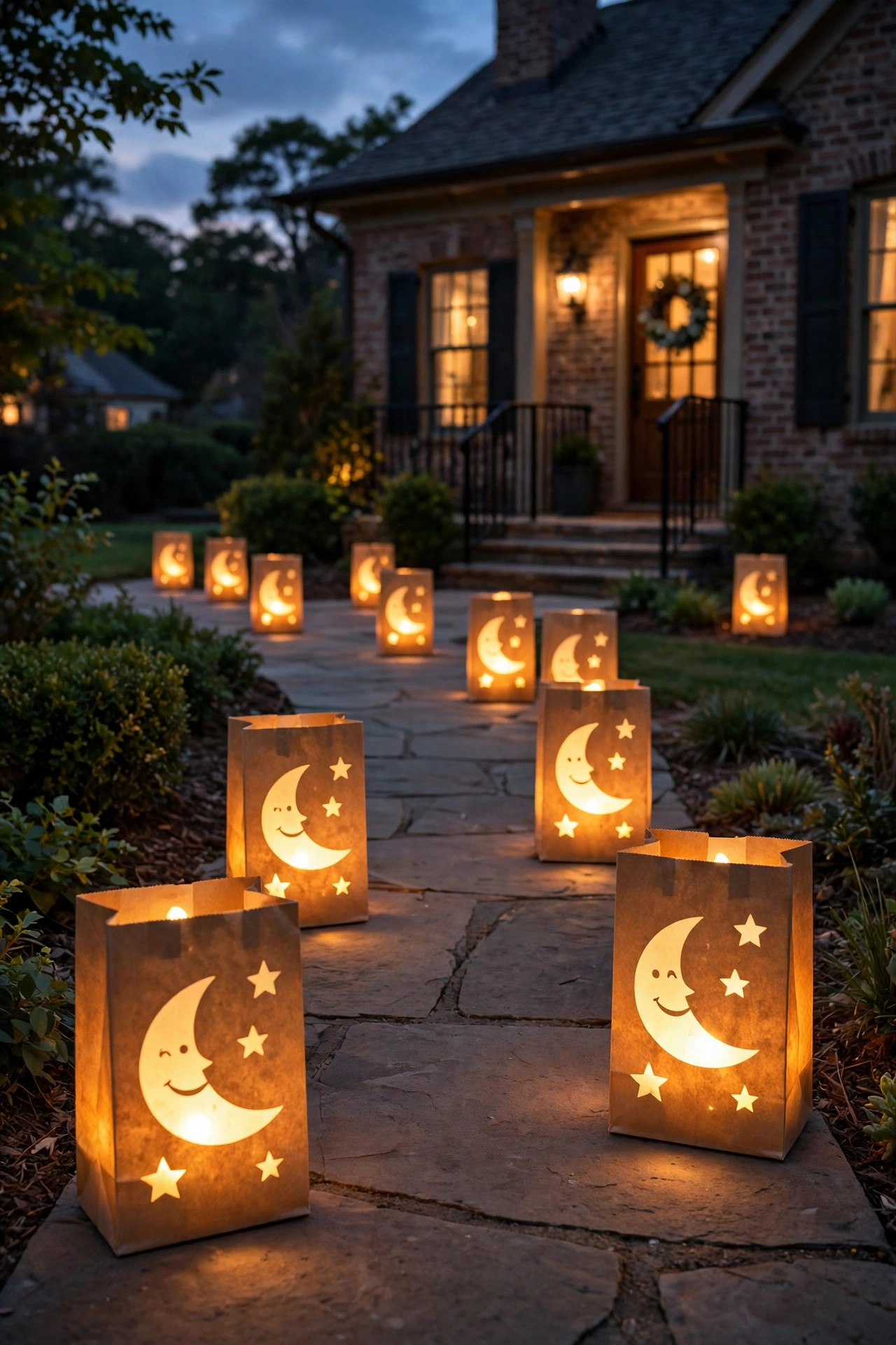 Paper luminaria bags with smiling moon and star cut-outs glowing along a front walkway at dusk