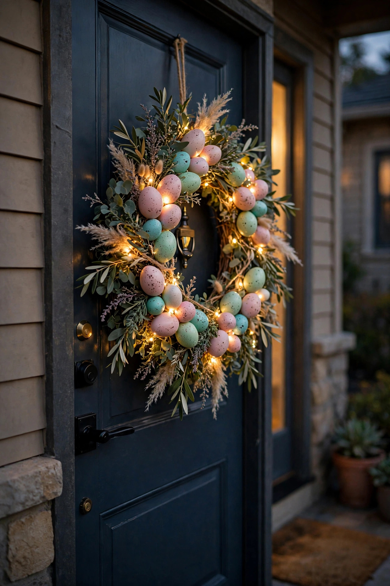 Pastel Easter egg spring wreath with mini LED lights glowing softly on a front door