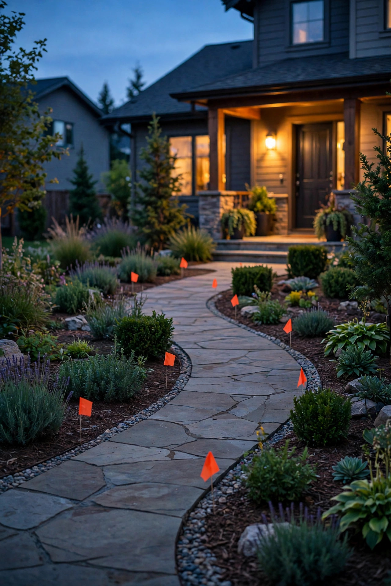 Front walkway at twilight with small flags marking planned path light positions along a curved garden path