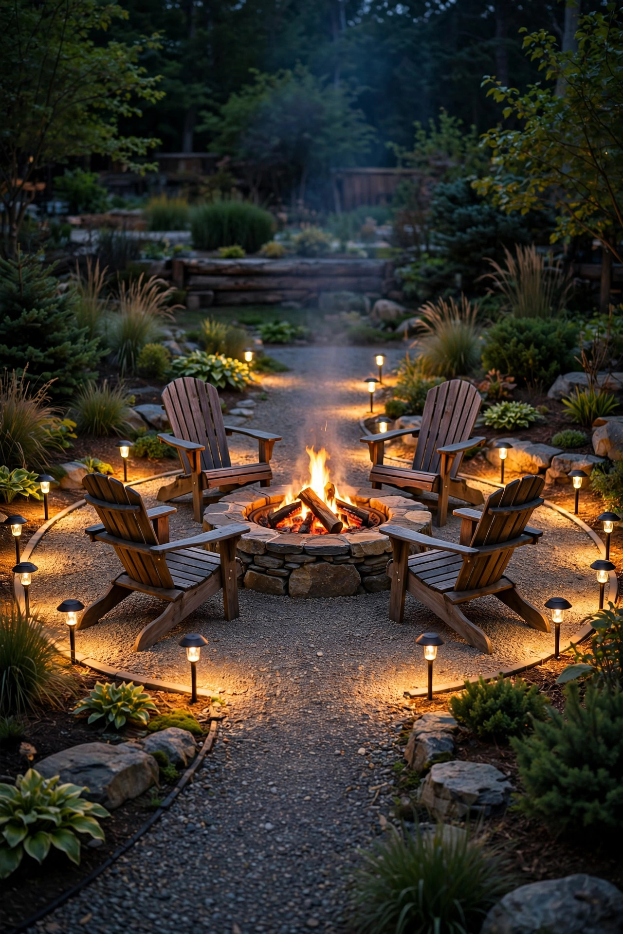 Low-voltage path lights ringing the outside edge of a fire pit seating area at night