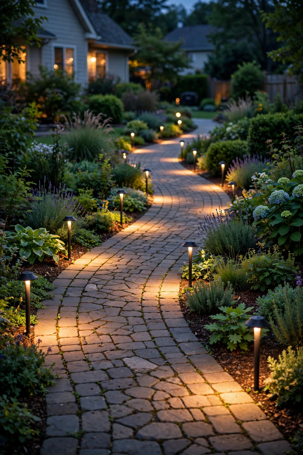 Low-voltage path lights casting overlapping pools of warm light along a garden walkway at night