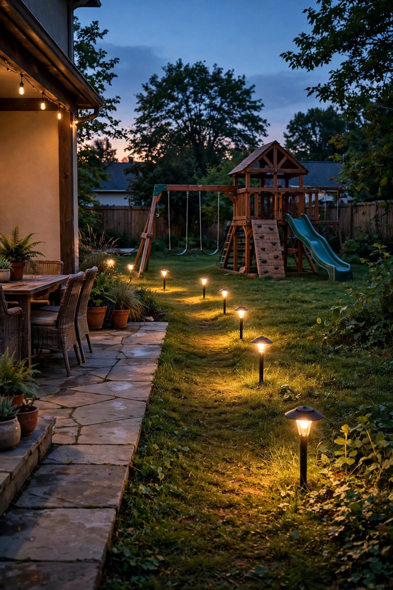 Low path lights lining the grassy route from a patio to a playset at twilight