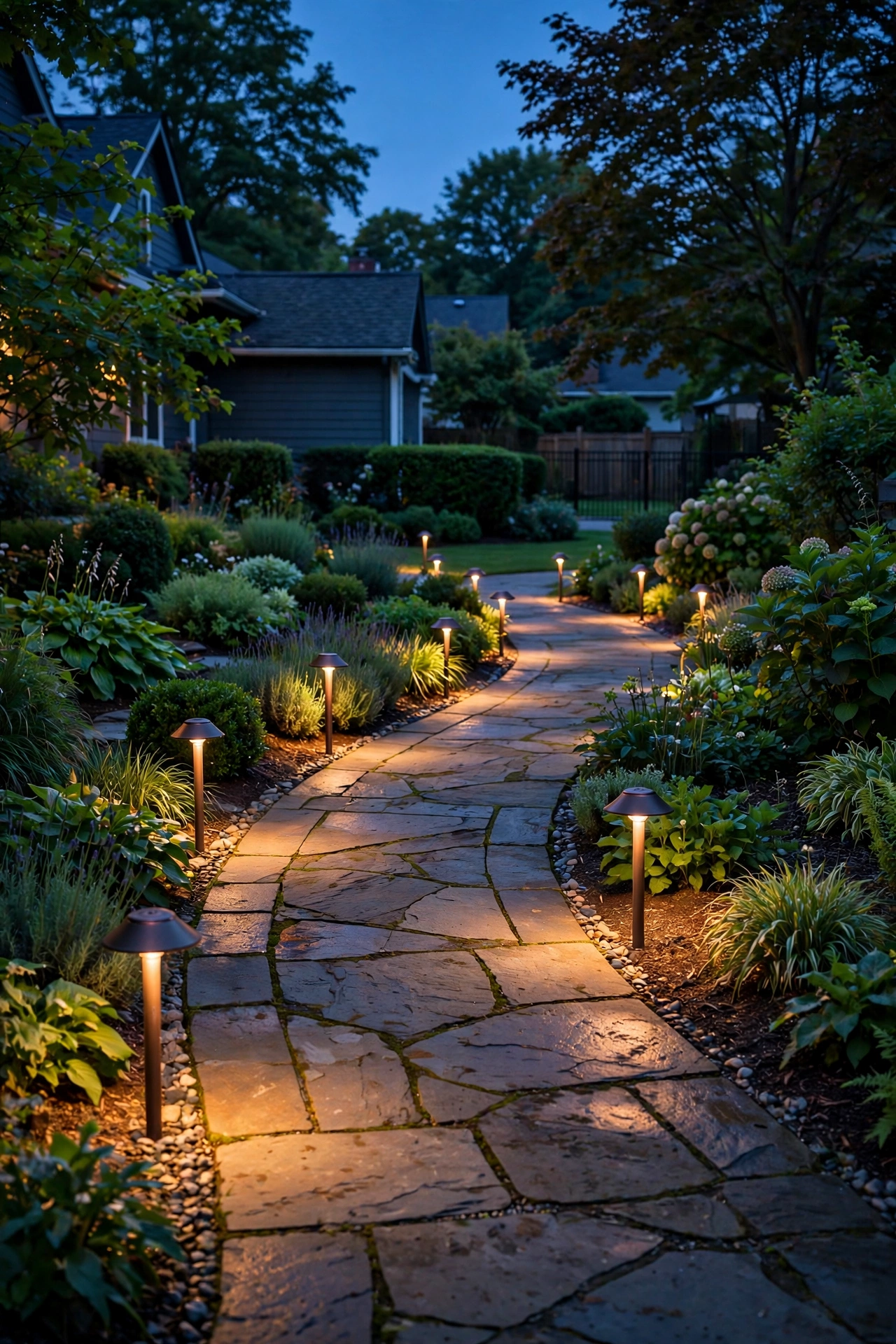 Staggered low-voltage path lights casting soft overlapping pools of warm light along a curved walkway at night