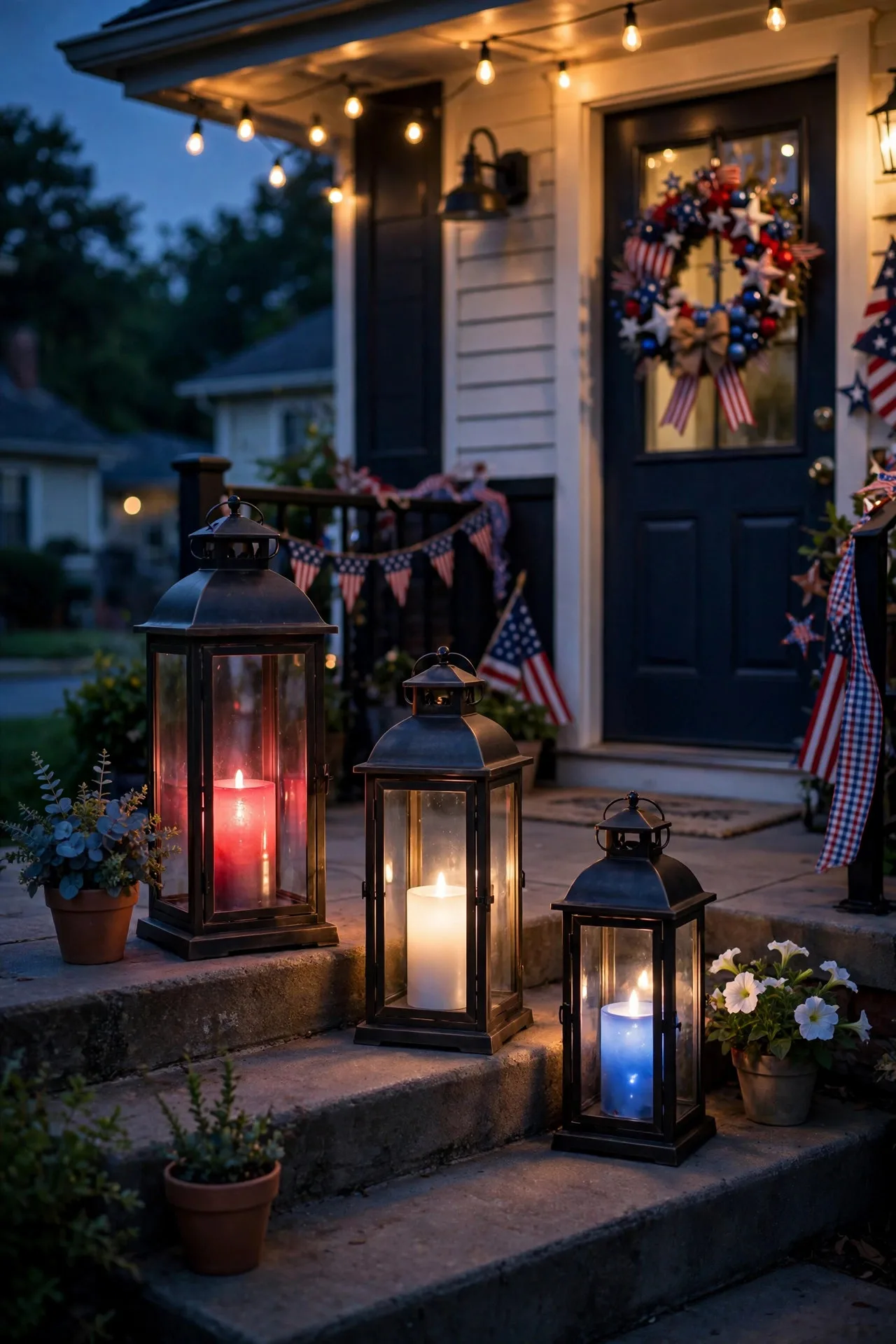 Three glowing lanterns with red, white, and blue LED candles on front porch steps at night