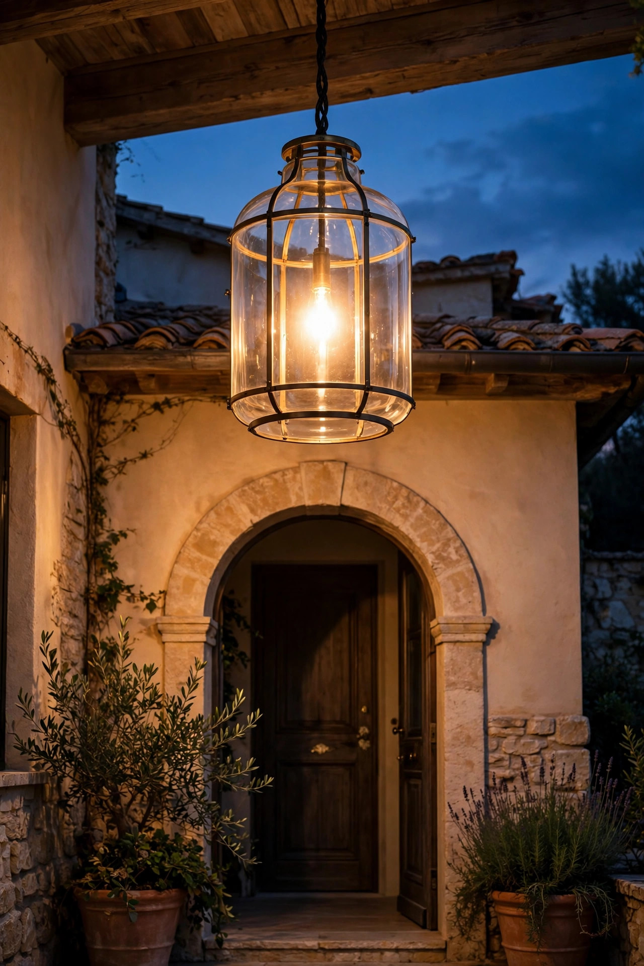 Oversized glass pendant lantern glowing warmly above a villa style arched entryway at twilight