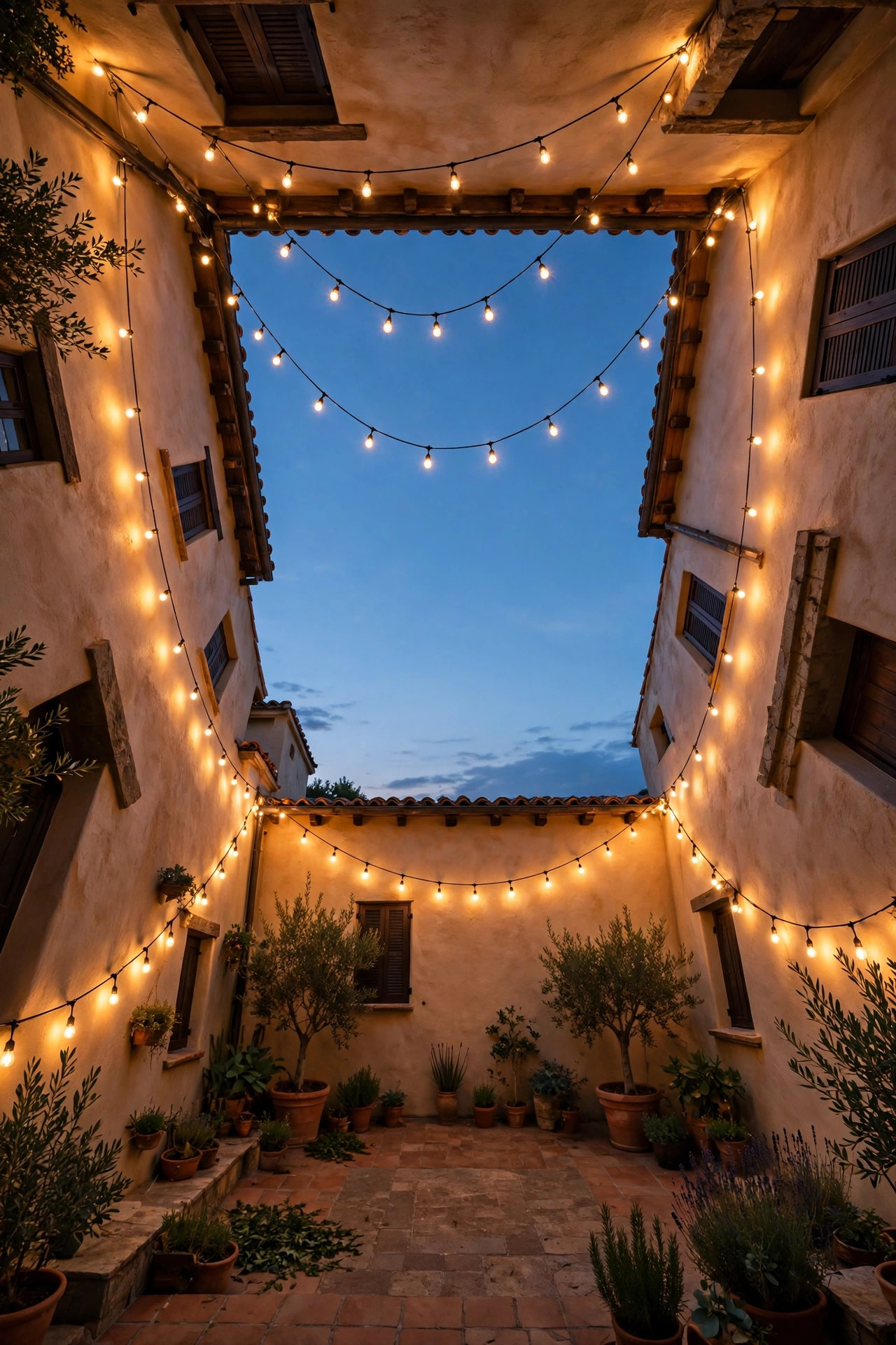 String lights swagged around the perimeter edges of a courtyard with an open view of the evening sky in the center