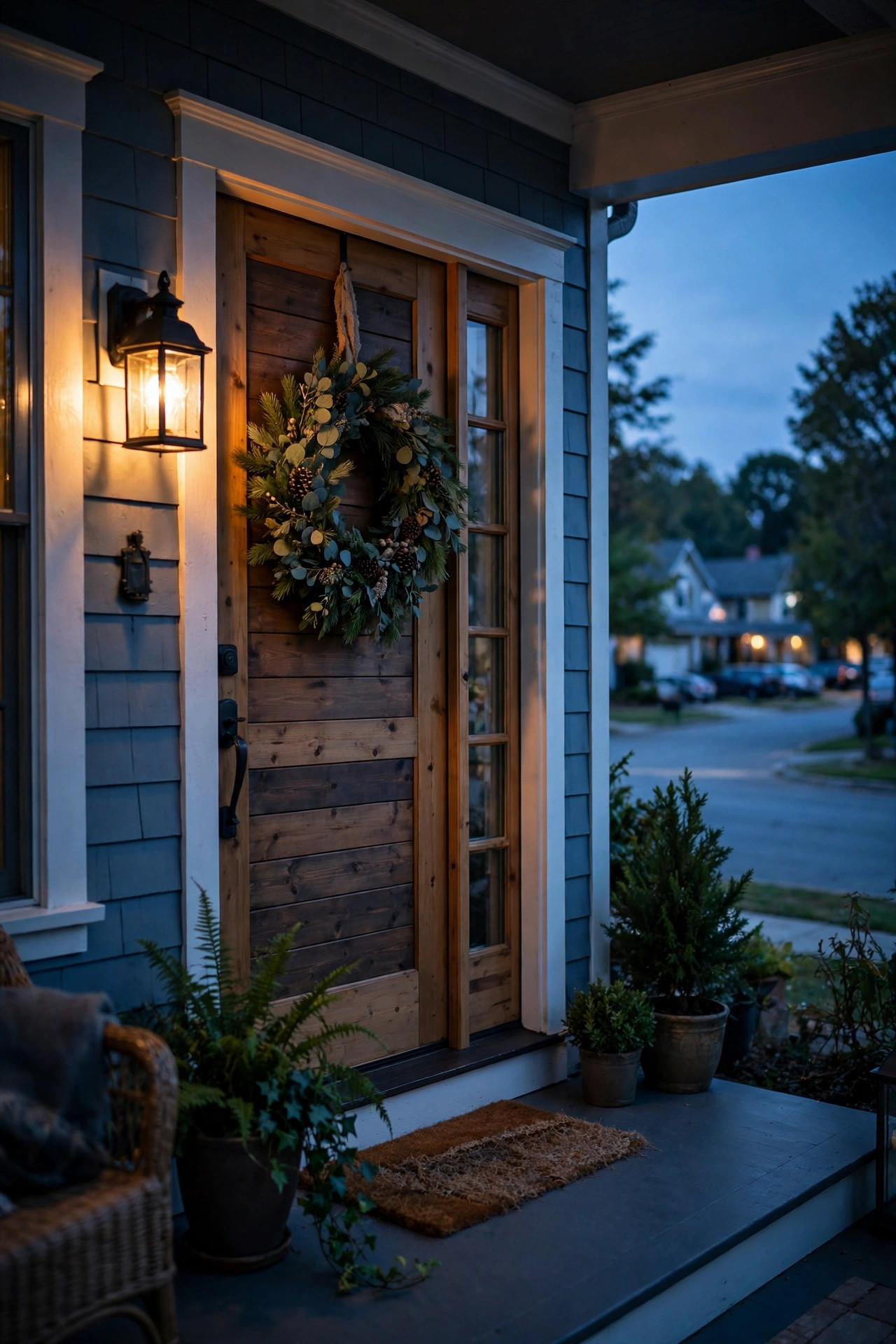 Front porch at blue-hour dusk with a warm lantern lit automatically, wreath on the door and a calm suburban street beyond