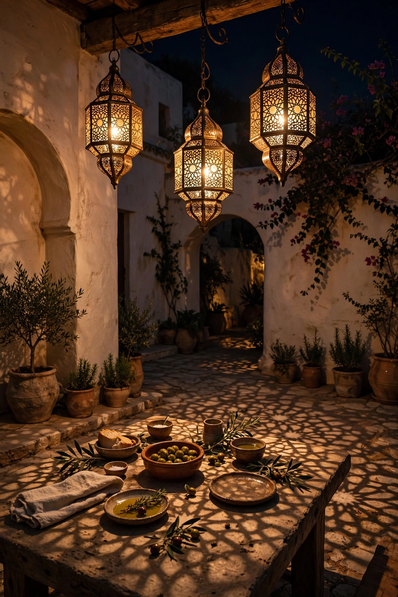 Moroccan pierced-metal pendants glowing over an outdoor courtyard dining table at night