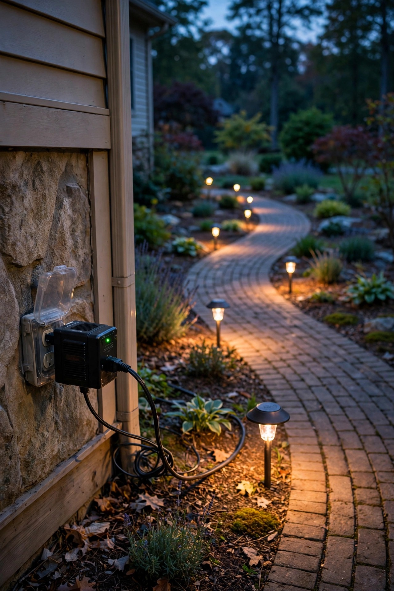 Low-voltage lighting transformer plugged into an exterior wall outlet with warm path lights glowing along a walkway at dusk