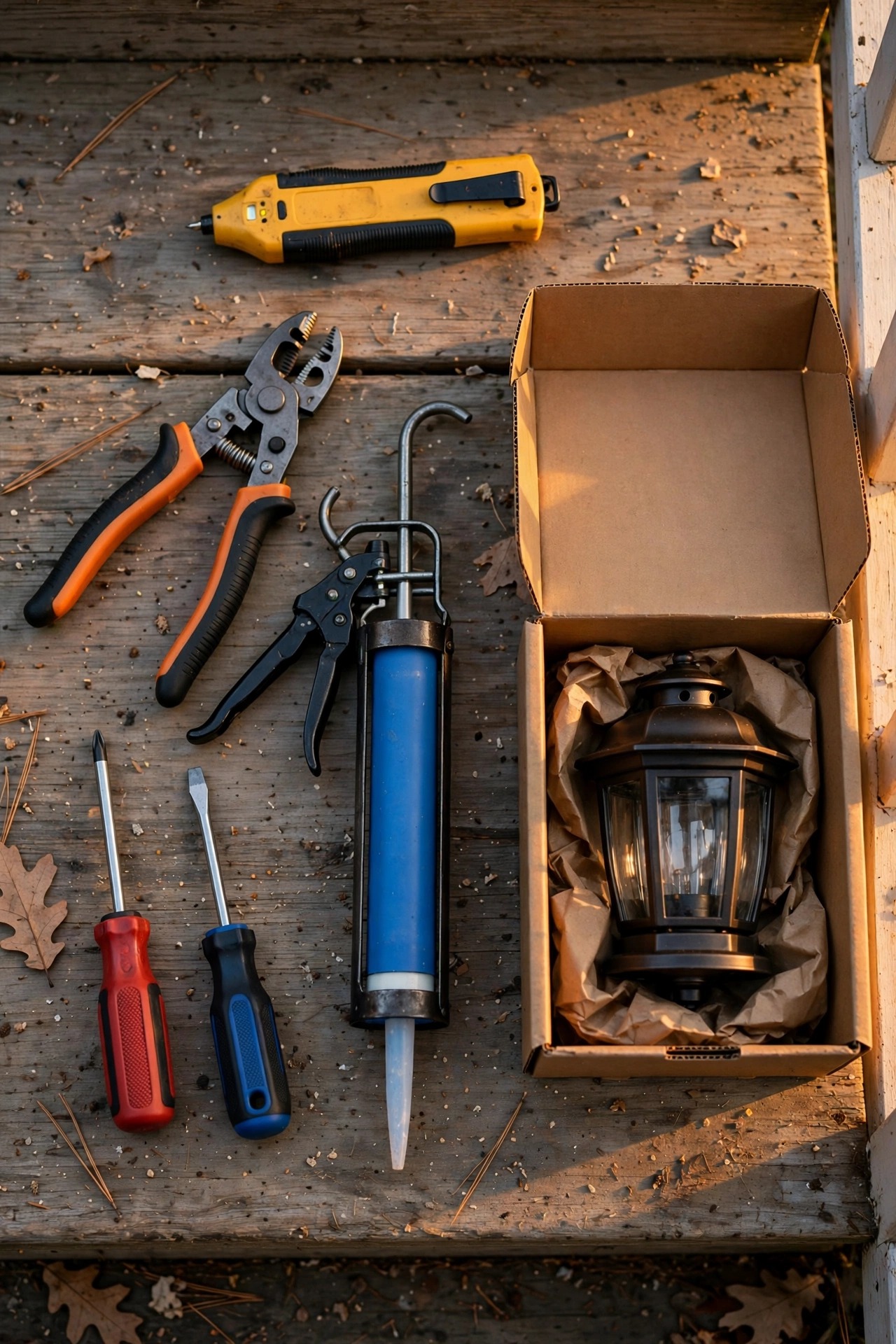 Flat lay of porch light installation tools on a porch step: voltage tester, screwdrivers, wire strippers, caulk gun and a new lantern fixture in its box