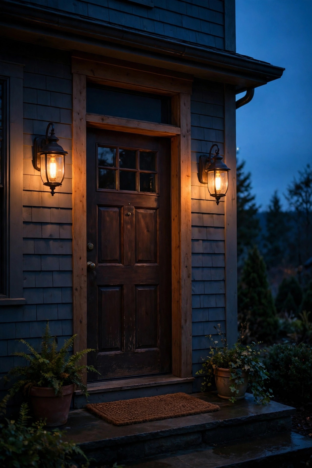 Pair of porch sconces with warm filament-style outdoor smart bulbs glowing beside a front door at dusk