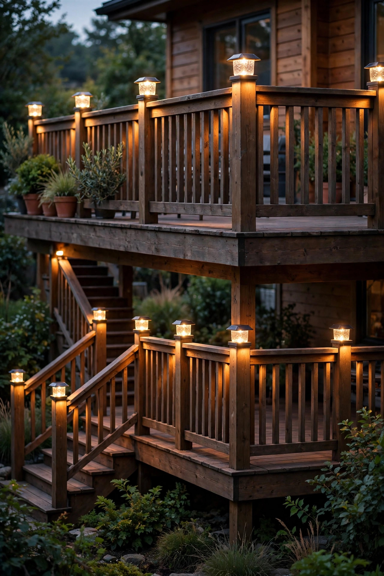Matching solar post cap lights glowing along railings on two levels of a wooden deck