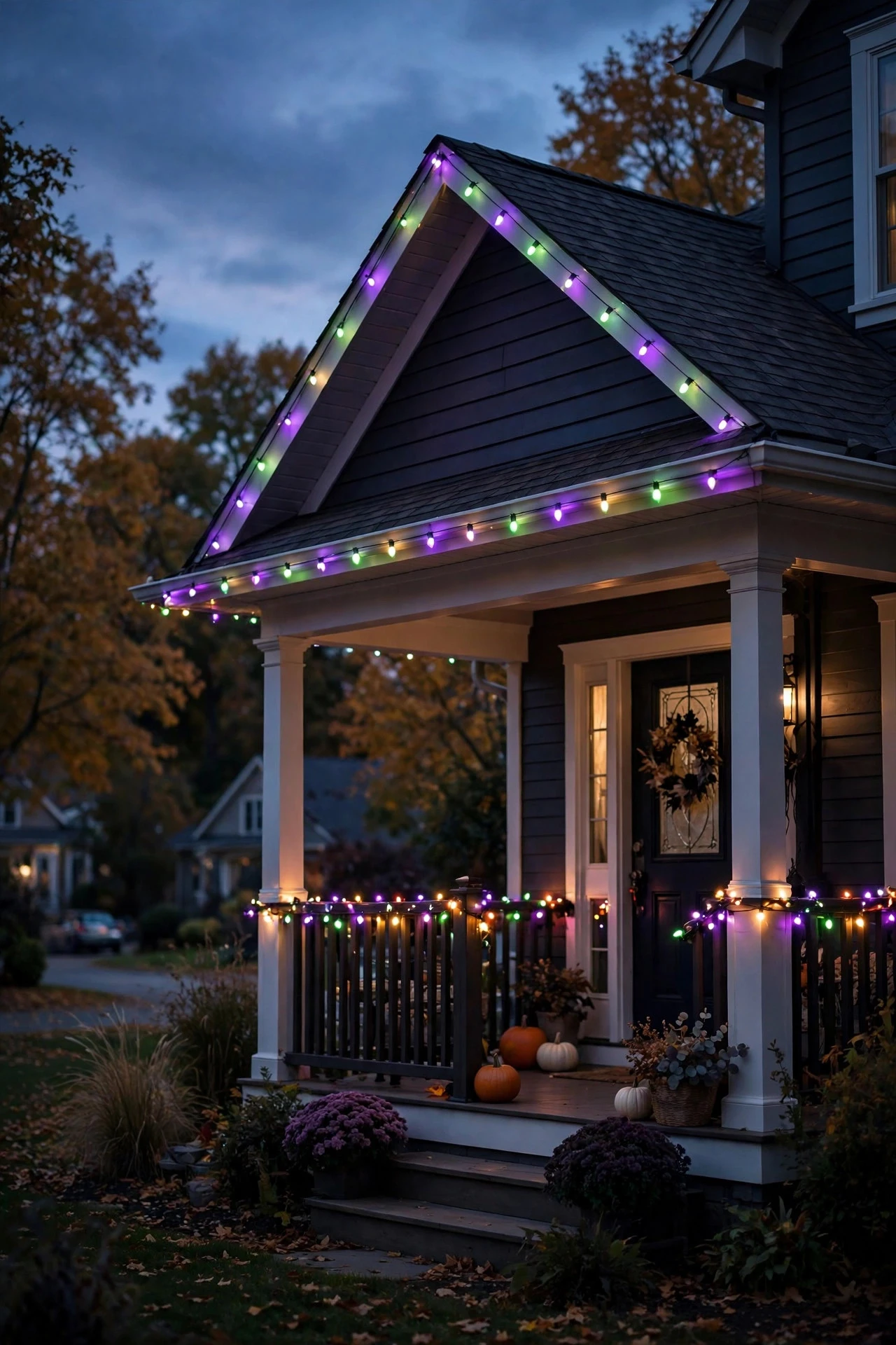 House roofline and porch railing outlined in purple and green Halloween string lights