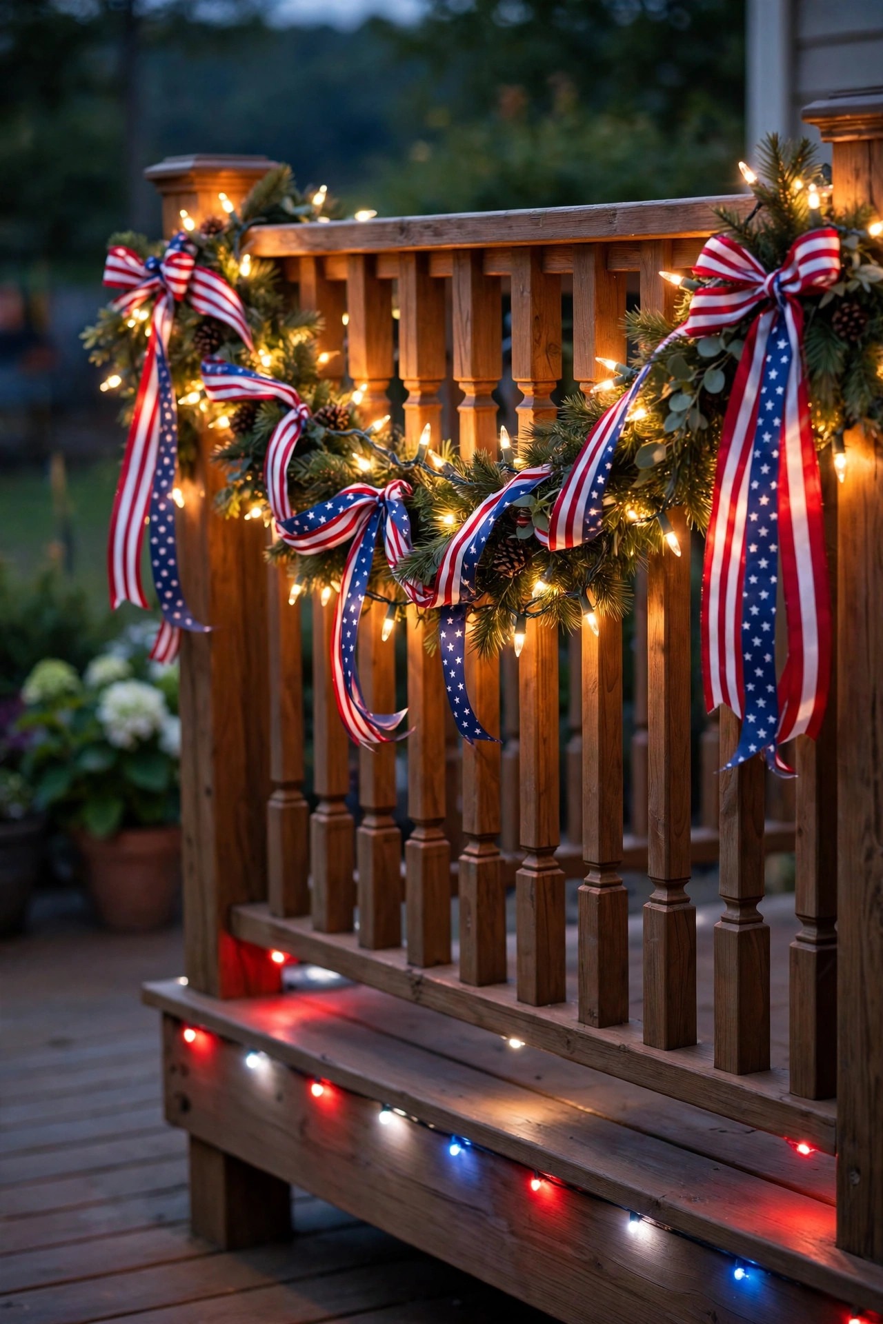Deck railing wrapped with warm white garland lights and red white and blue ribbon for the Fourth of July