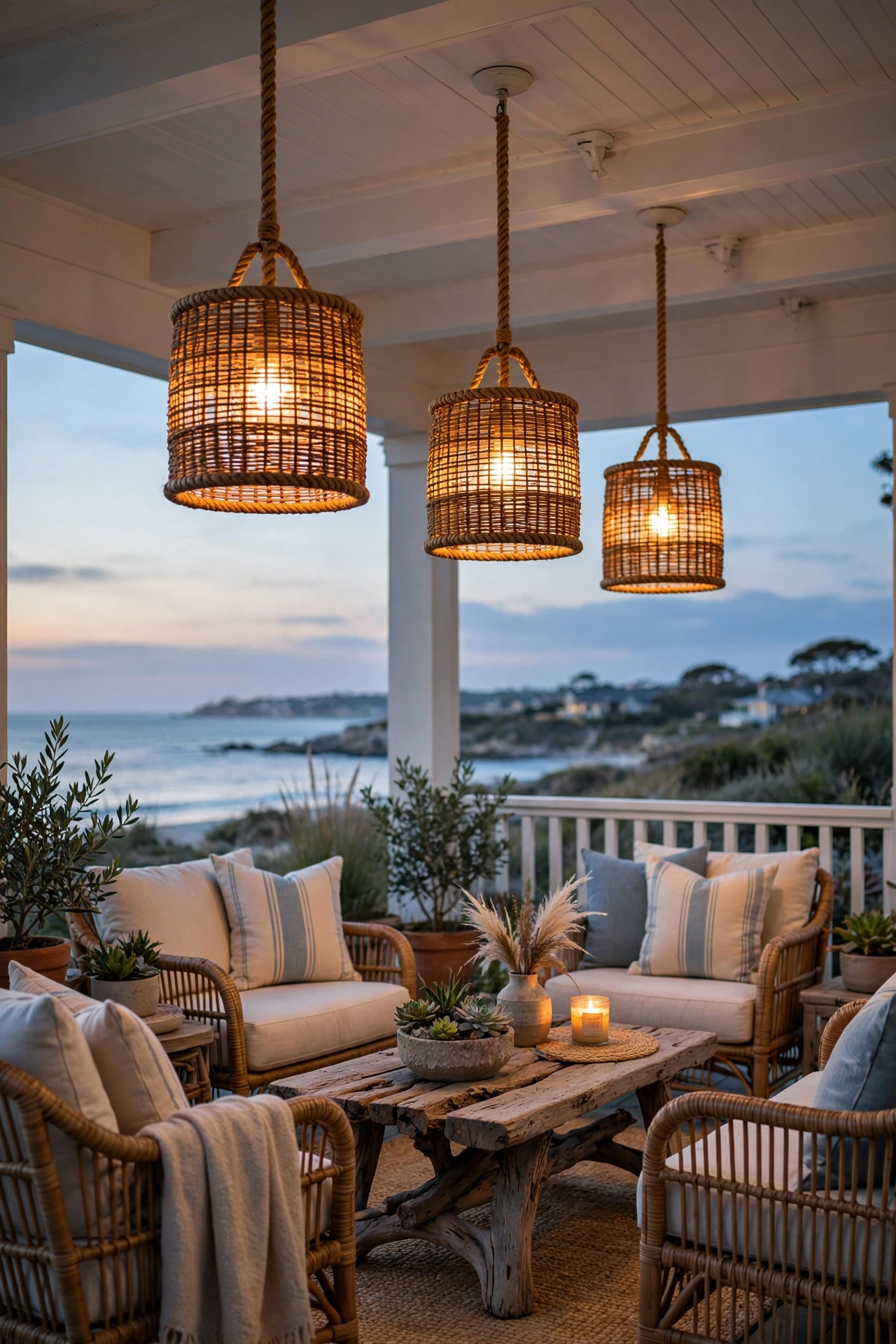Rattan rope pendant lights hanging from a white porch ceiling over coastal patio seating