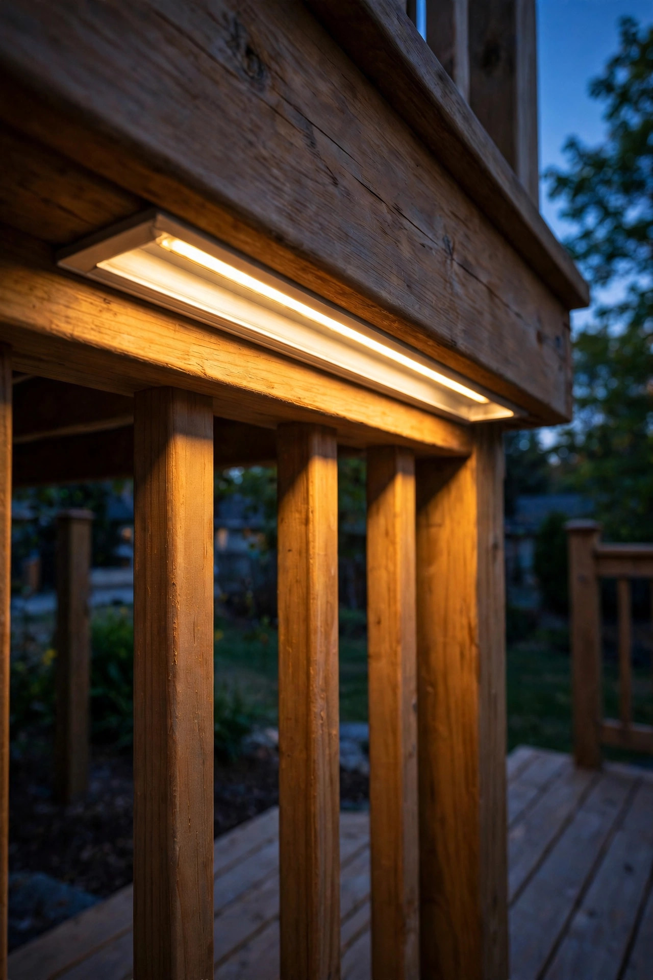 Recessed aluminum LED channel routed into underside of wooden deck rail for hidden lighting