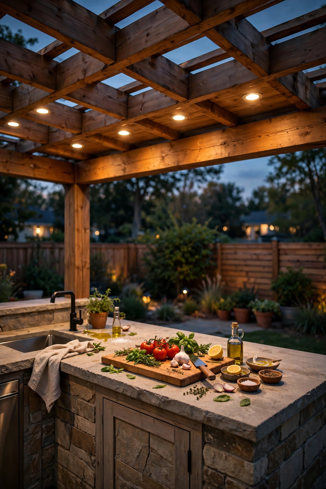 Recessed downlights in pergola ceiling evenly lighting an outdoor kitchen prep counter at dusk