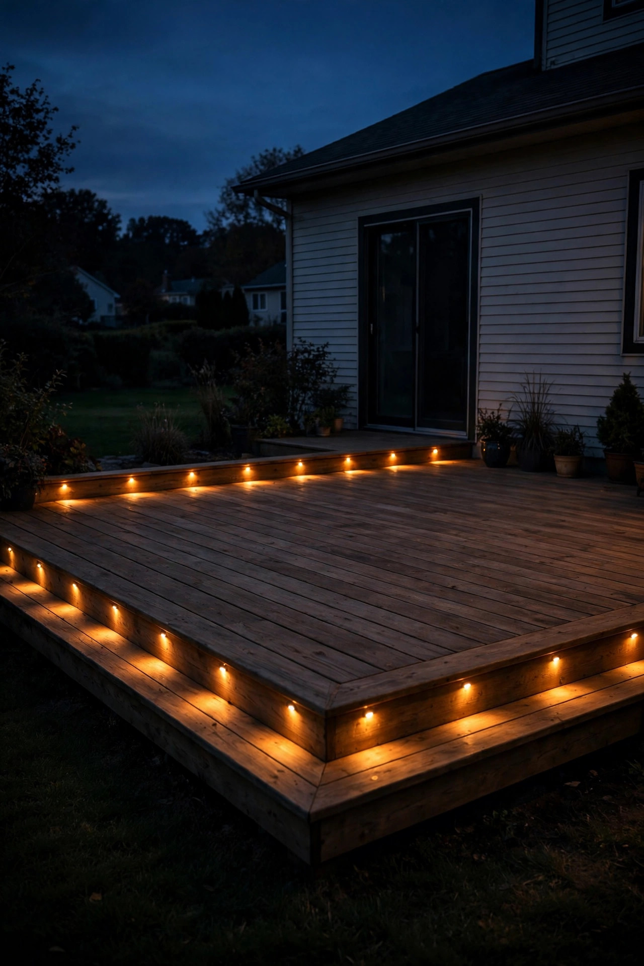 Small recessed LED lights glowing along the edge of a wooden deck floor at night