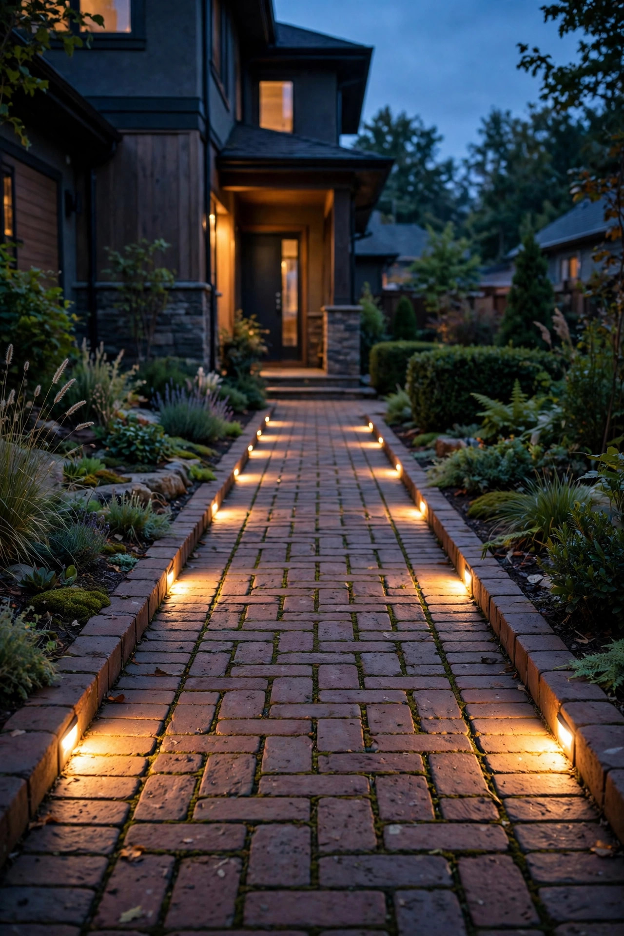 Recessed paver lights glowing flush within the edges of a narrow brick walkway at twilight