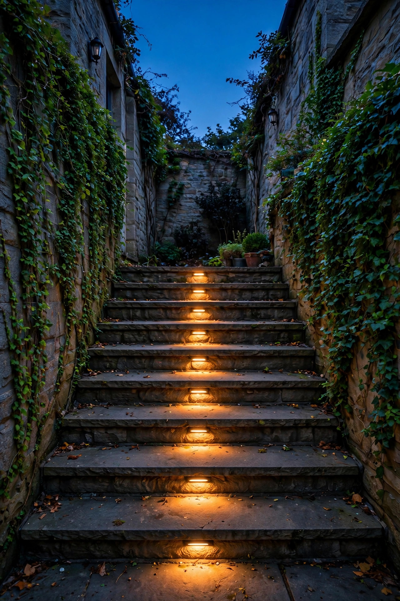 Warm recessed step lights glowing along courtyard stairs at night
