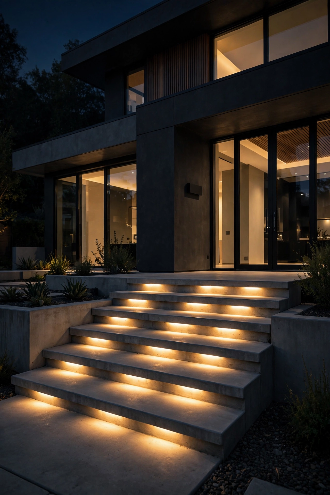 Recessed LED step lights built into stair risers glowing softly at night