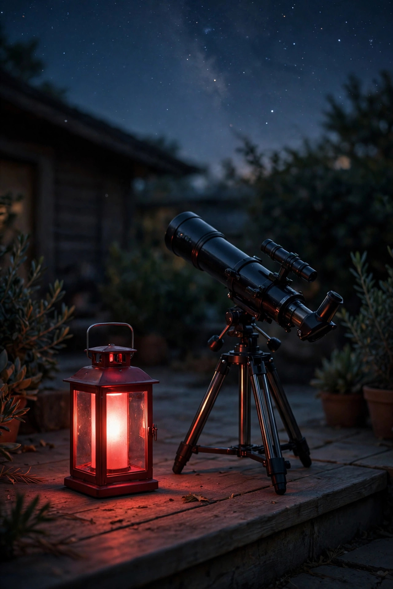 Red LED lantern glowing softly beside a telescope on a dark patio, preserving night vision under the stars