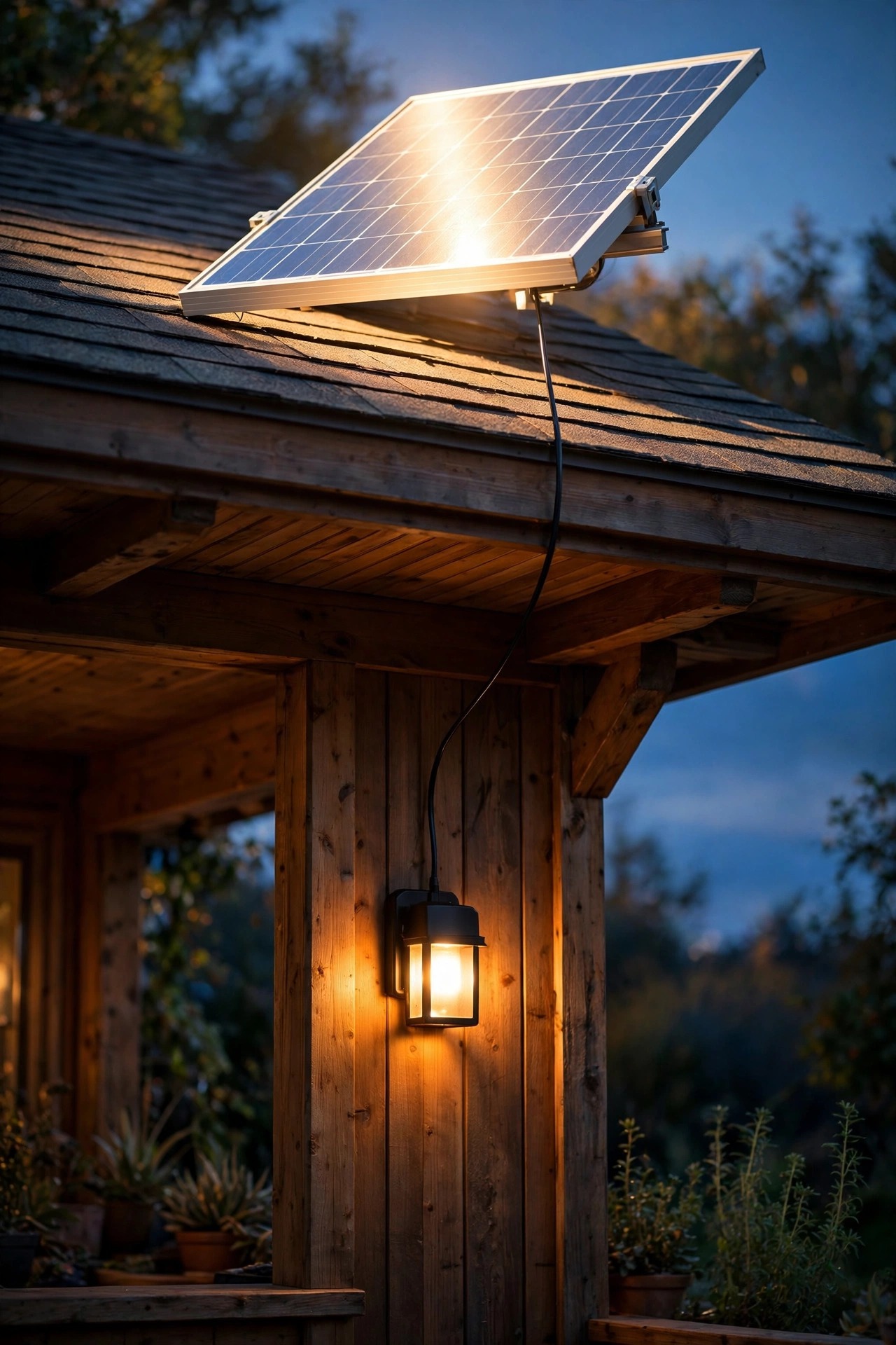 Solar sconce glowing under a covered porch roof while its separate solar panel on a cable sits in bright sun on the porch roof edge