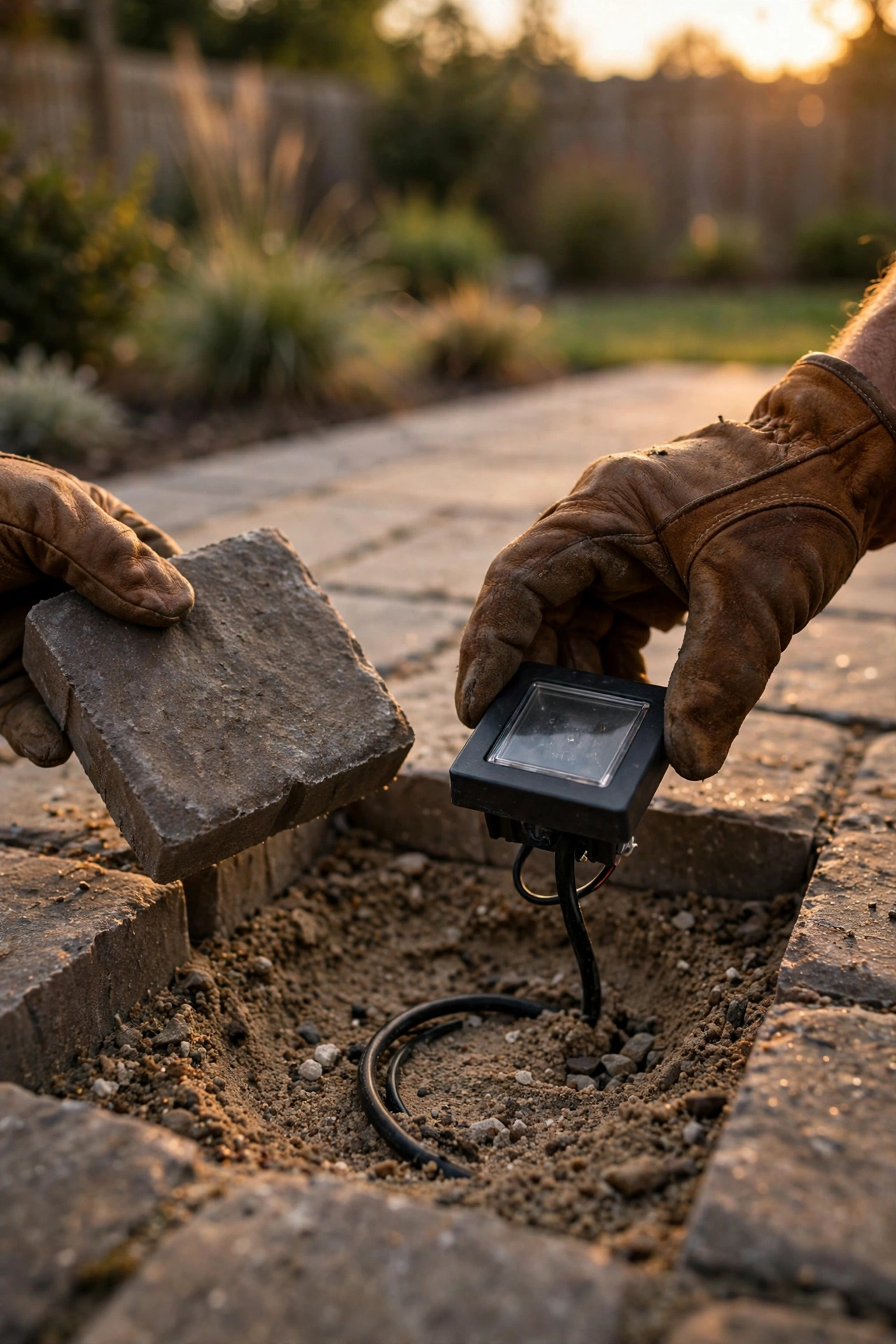 Hands installing a retrofit LED paver light into an existing patio stone