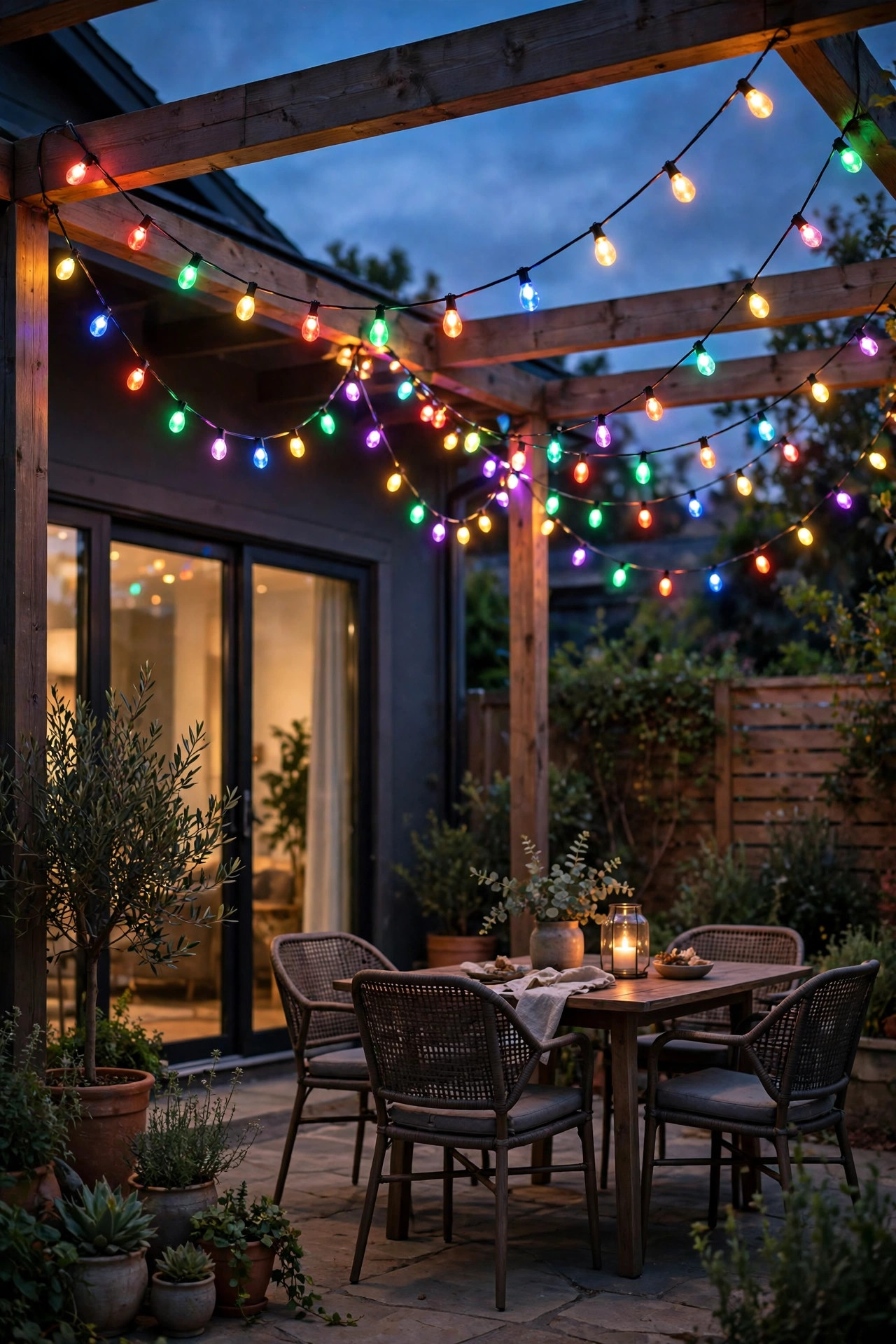 Color-changing RGB string lights draped in swags over a backyard patio glowing in alternating festive colors at dusk