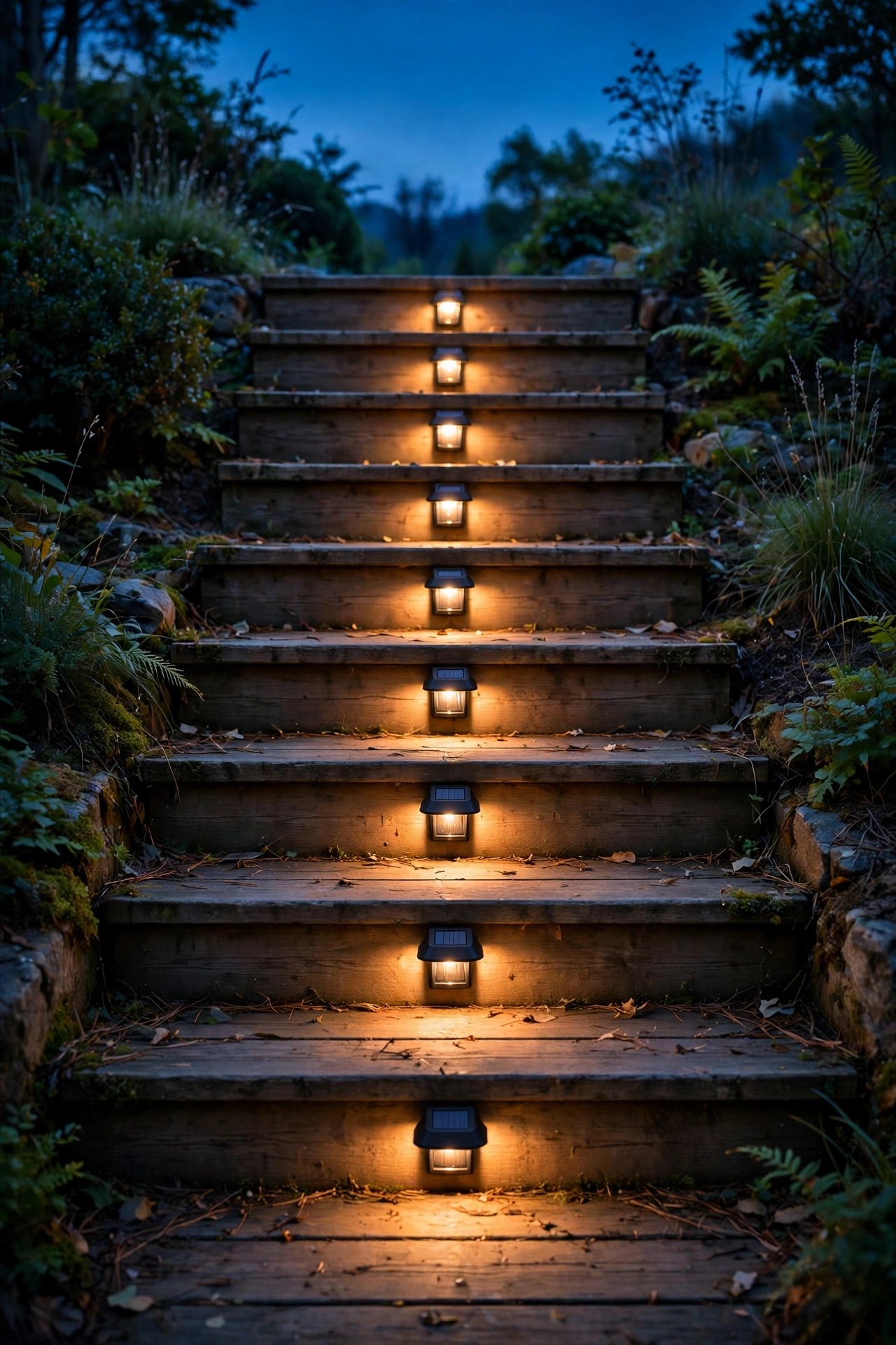Small hooded solar lights mounted on stair risers washing each wooden tread with warm downward light at dusk