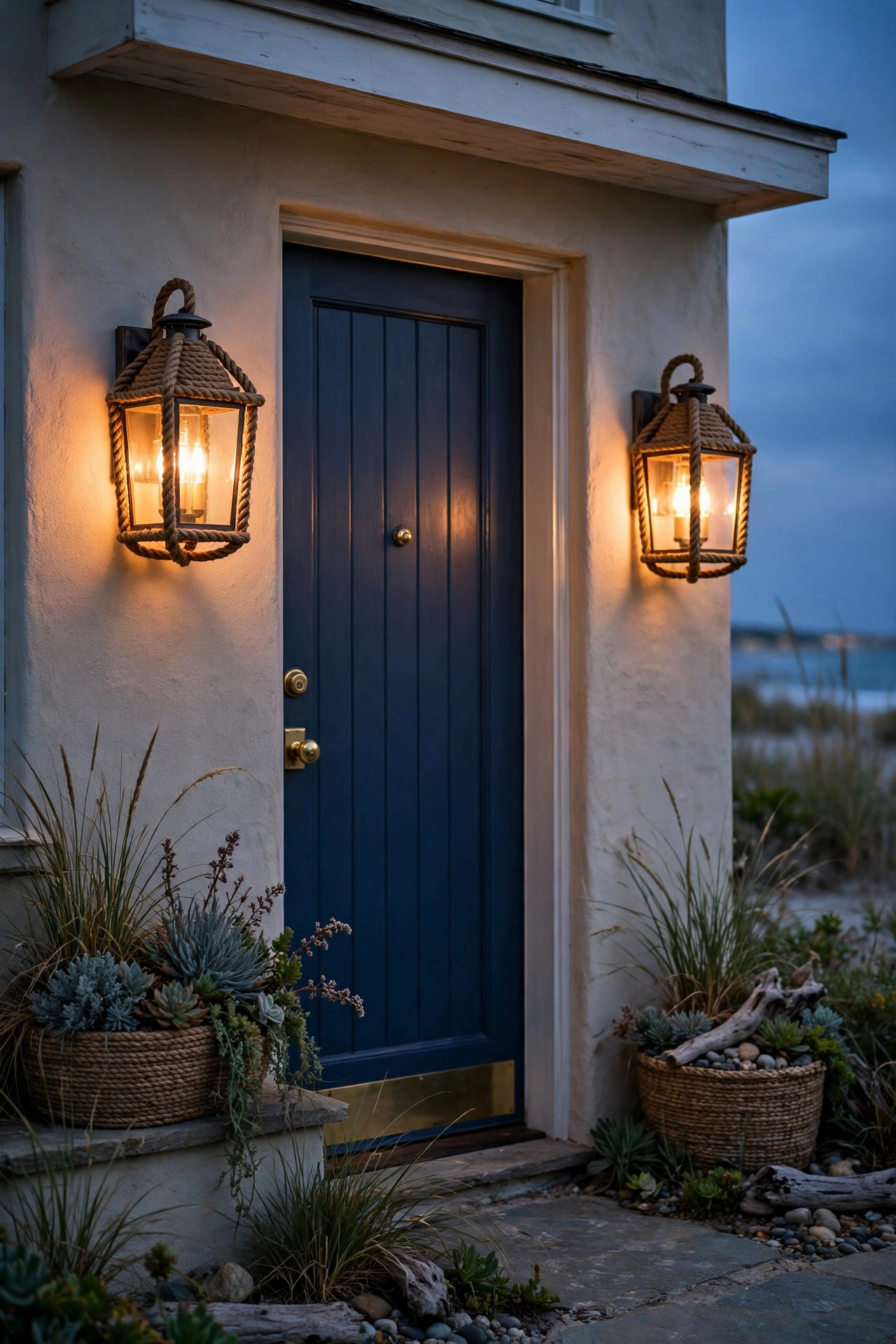 Rope-wrapped lantern sconces glowing warm on either side of a coastal front door at dusk