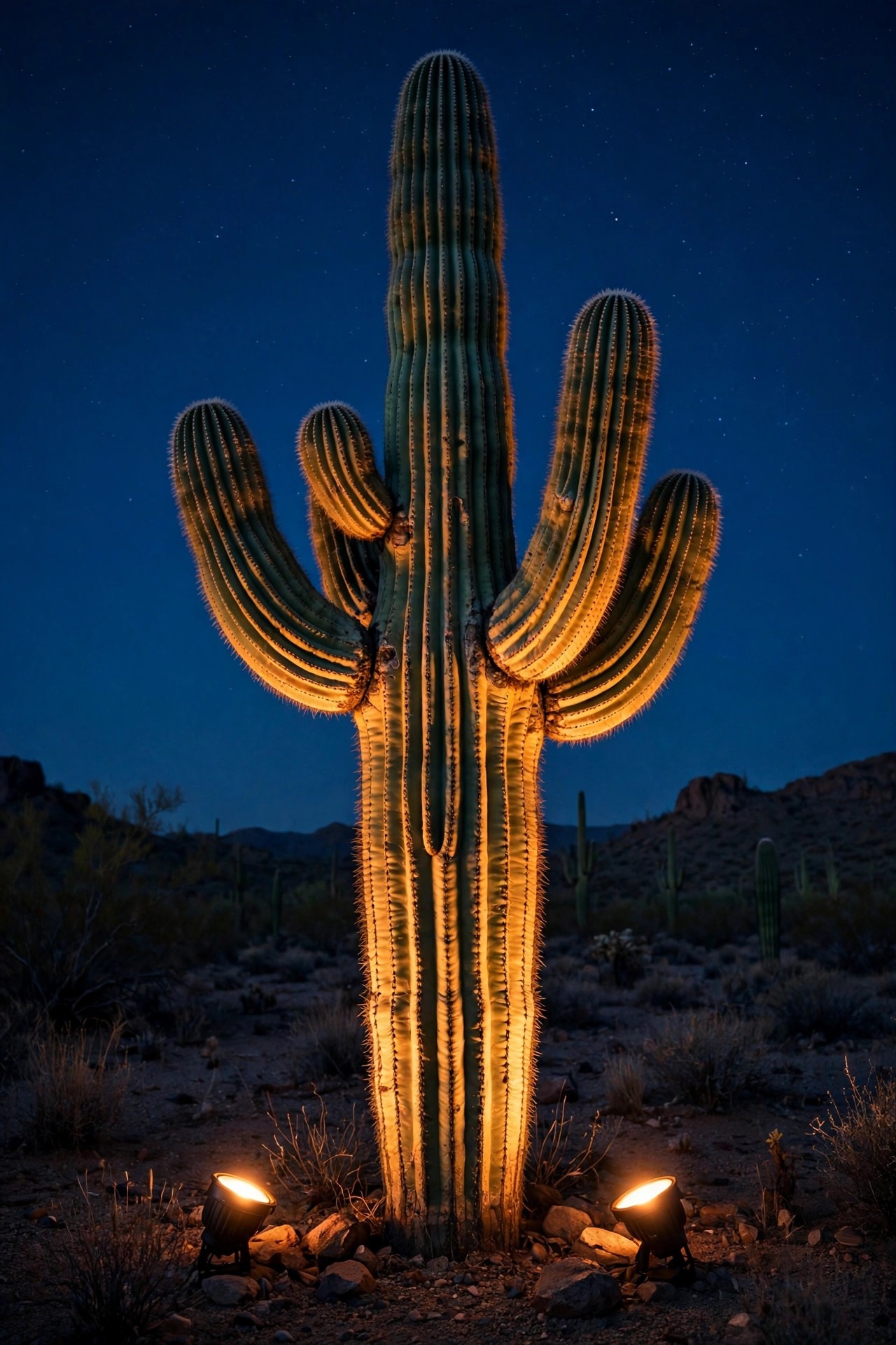 Tall saguaro cactus dramatically uplit at night by two warm shielded spotlights, ribs and arms modeled against a deep blue desert sky