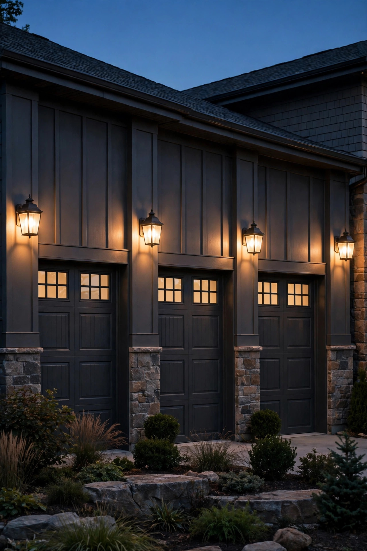Four matching lantern sconces spaced evenly between the doors of a three-car garage at dusk