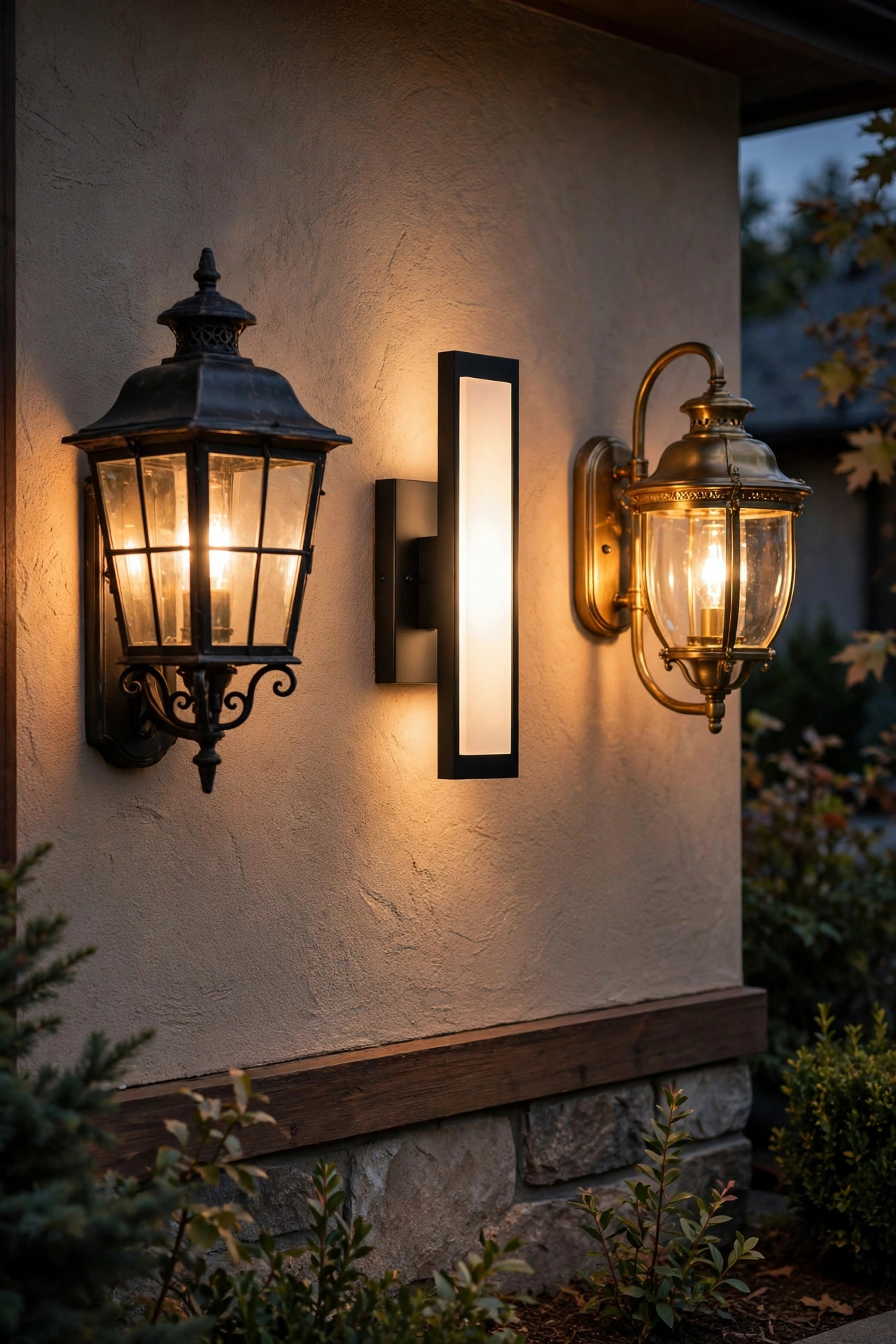 Row of different front door sconce styles including lantern, modern, and coach designs on display