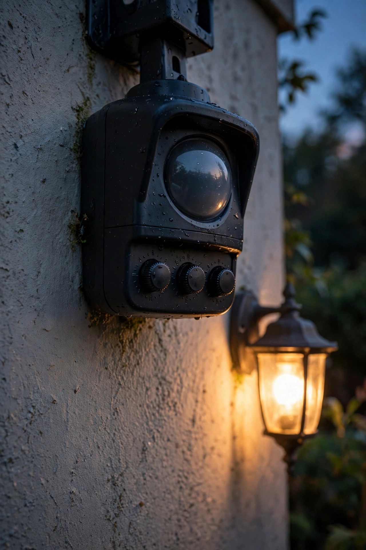 The three adjustment dials on a motion sensor head labeled sensitivity, time and lux, photographed at dusk beside a warm glowing fixture