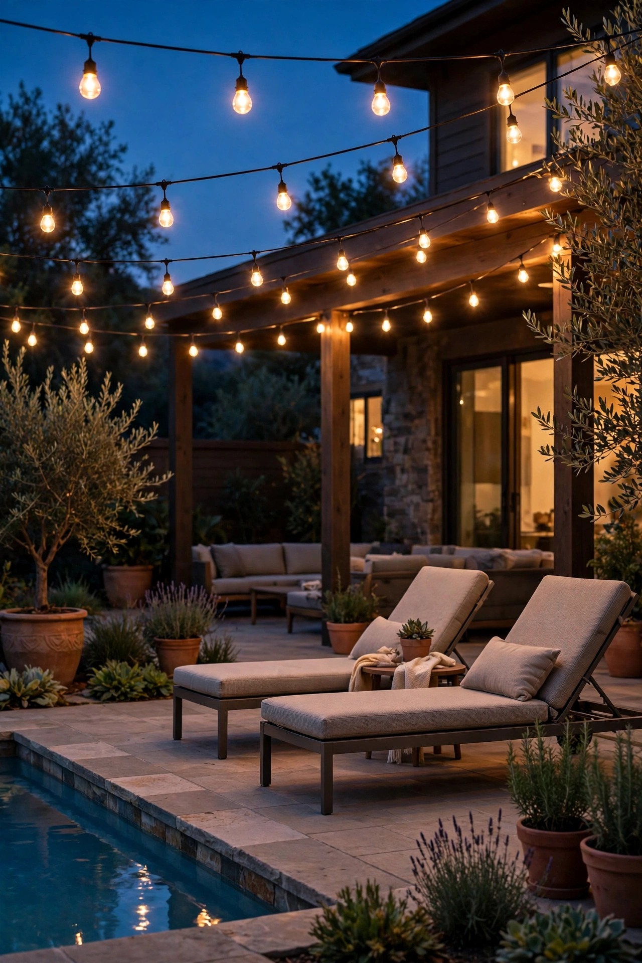 Shatterproof plastic-bulb string lights glowing over a family patio with a pool deck and lounge chairs, warm and relaxed evening scene