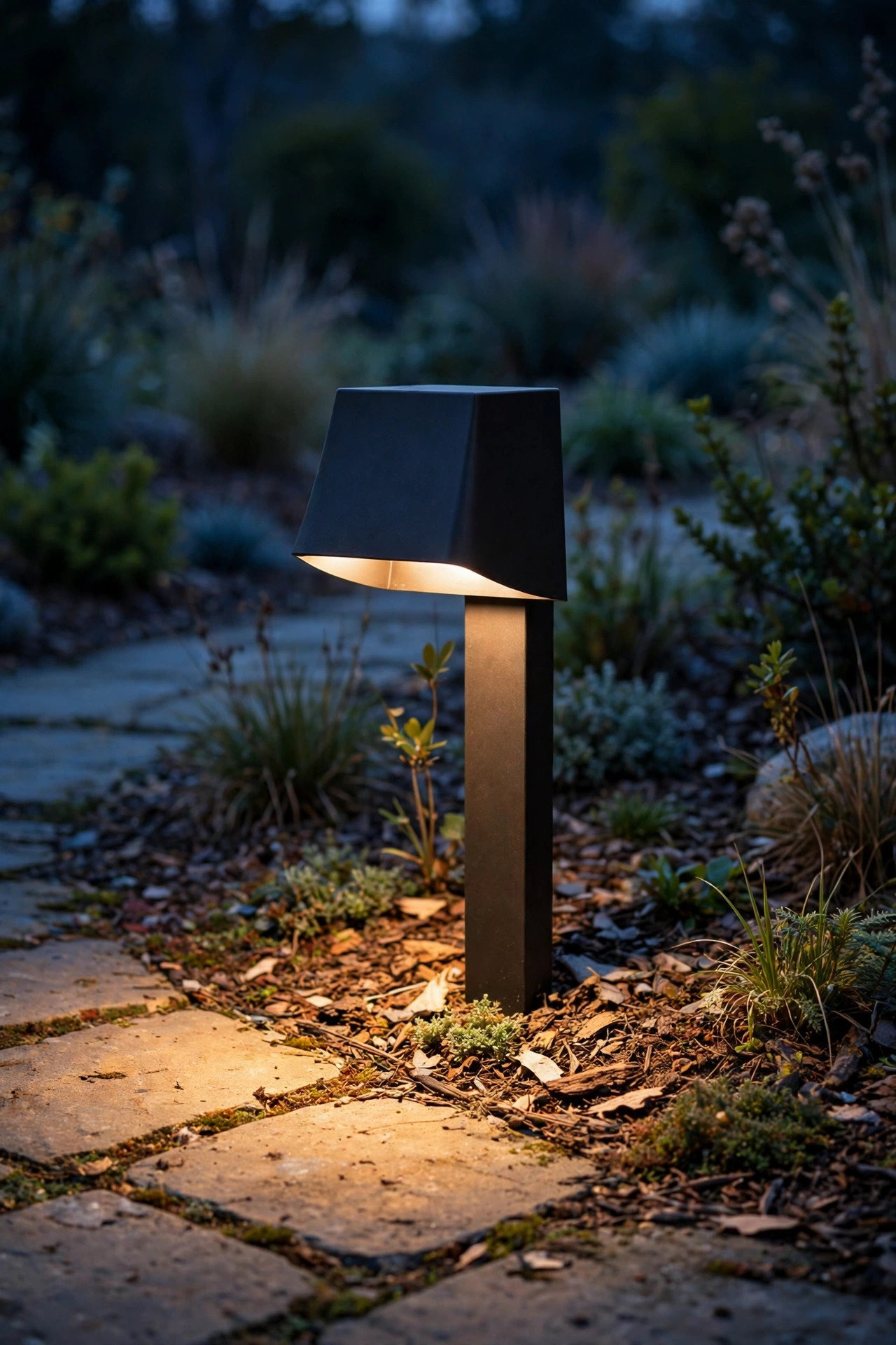 Fully shielded full-cutoff path light casting a warm pool of light downward with no glare