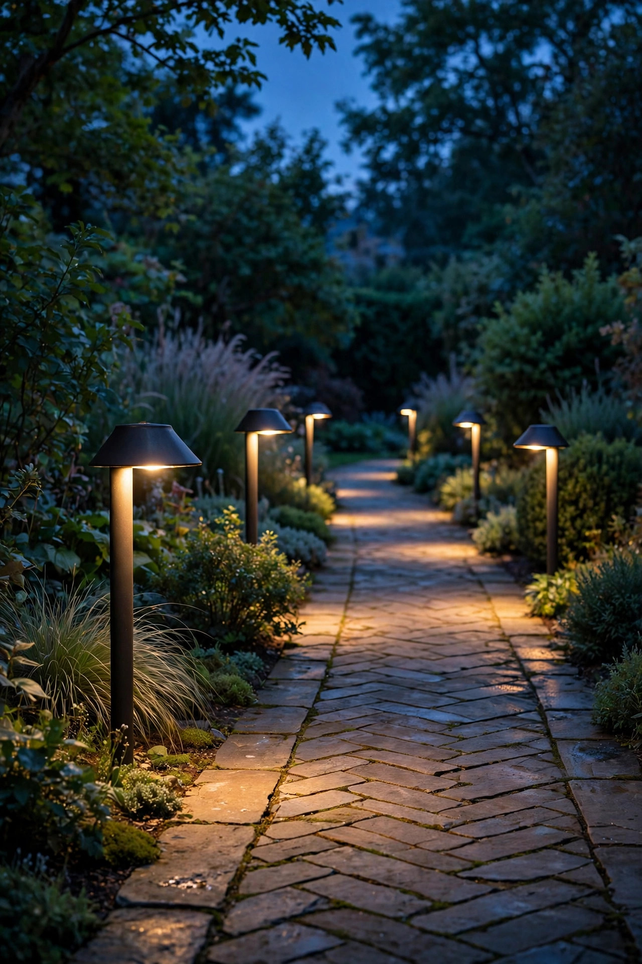 Hooded shielded path lights glowing downward along a garden walkway at dusk with no visible bare bulbs