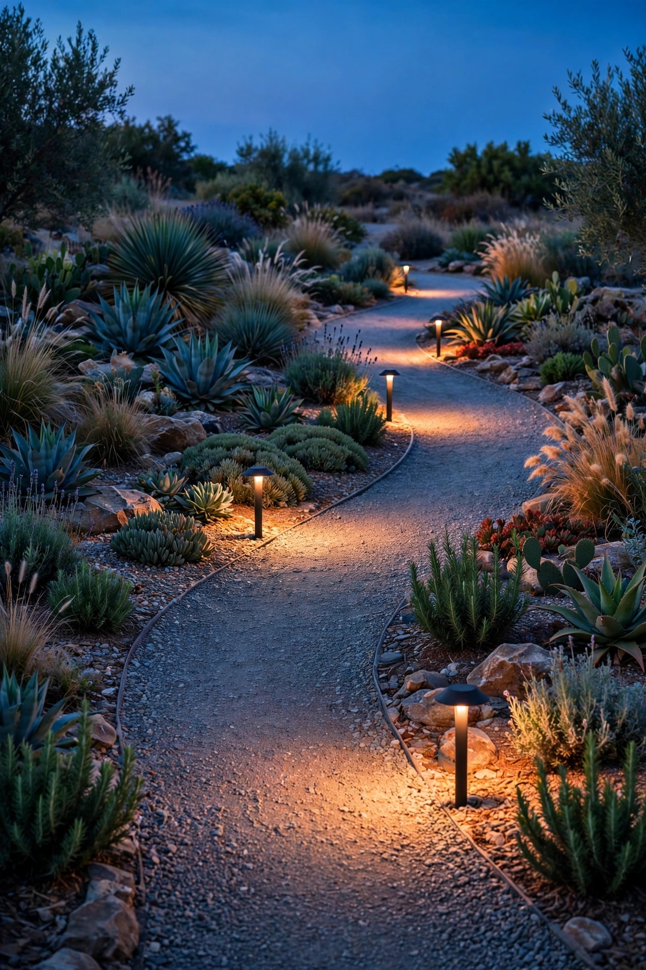 Curved gravel path through drought-smart garden beds at dusk lit by low shielded path lights casting warm pools of light on the stones