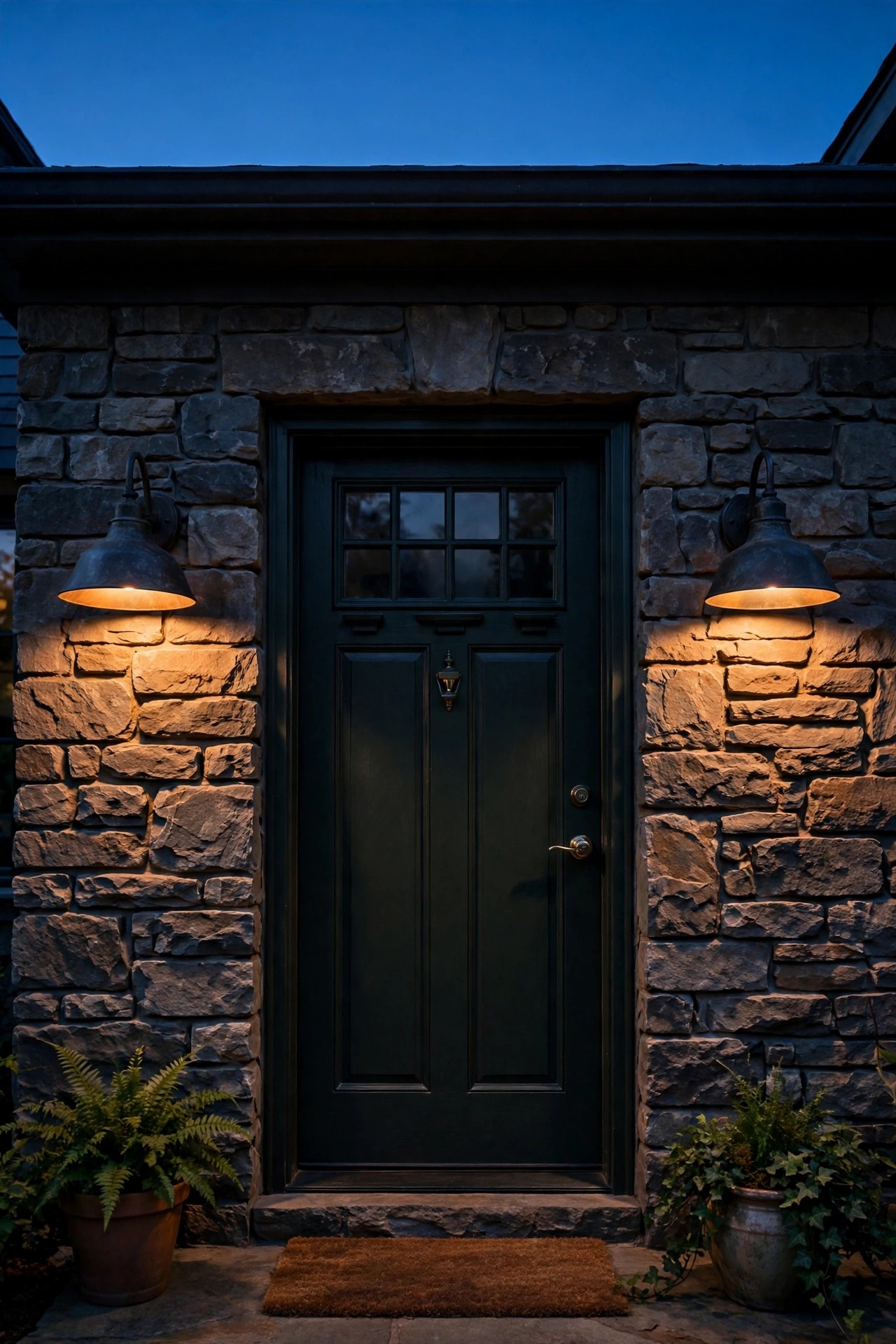 Pair of hooded metal porch sconces flanking a front door, bulbs hidden inside shades, warm light washing downward over the entry