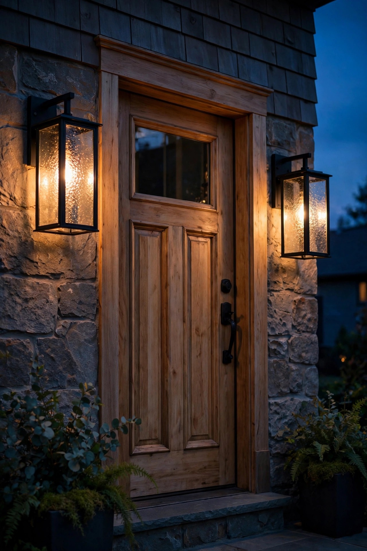 A pair of simple black lantern sconces with clean lines and seeded glass glowing warmly beside a traditional front door at dusk